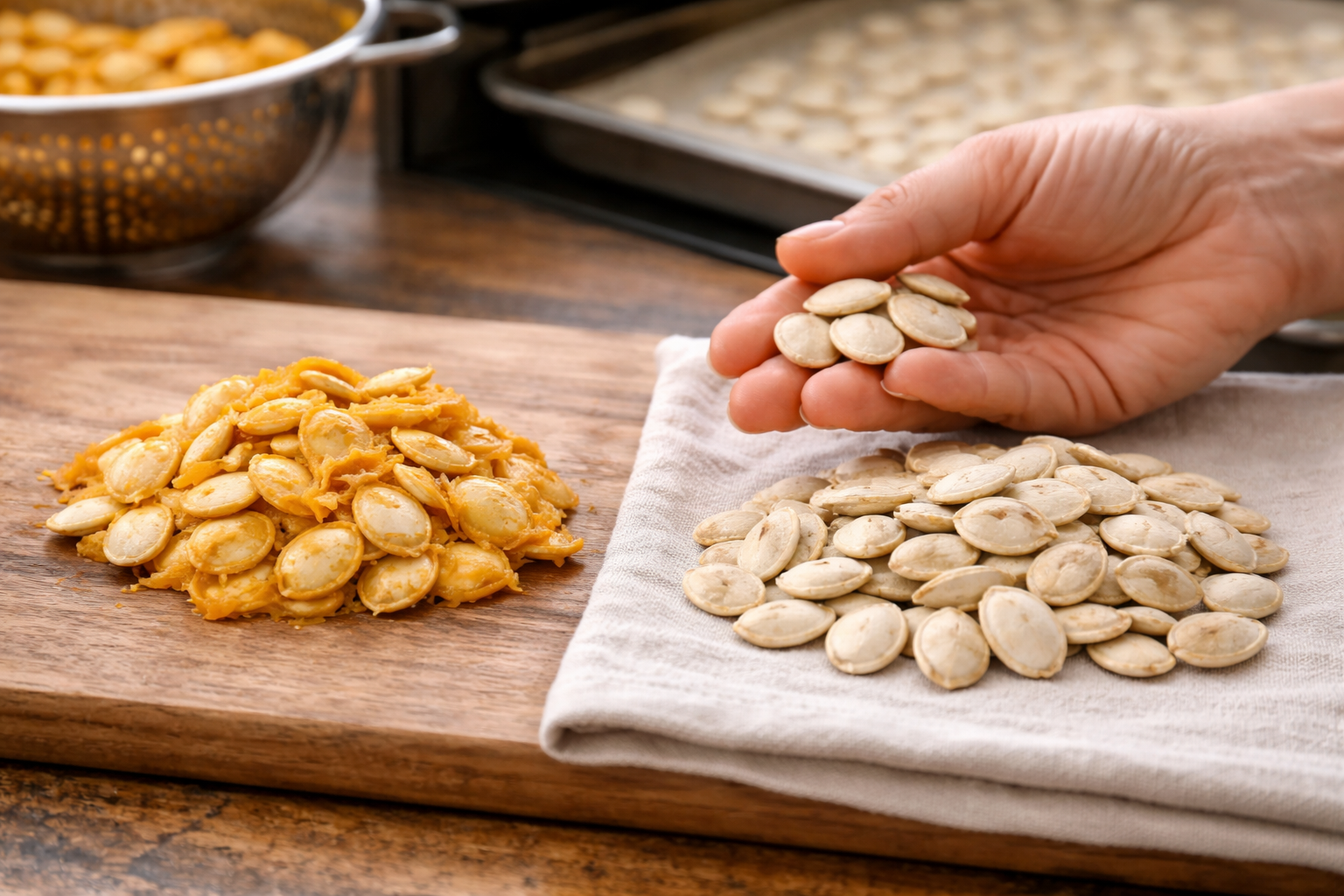 Close-up of good pumpkin seeds for shelling next to thin flat seeds that are poor candidates