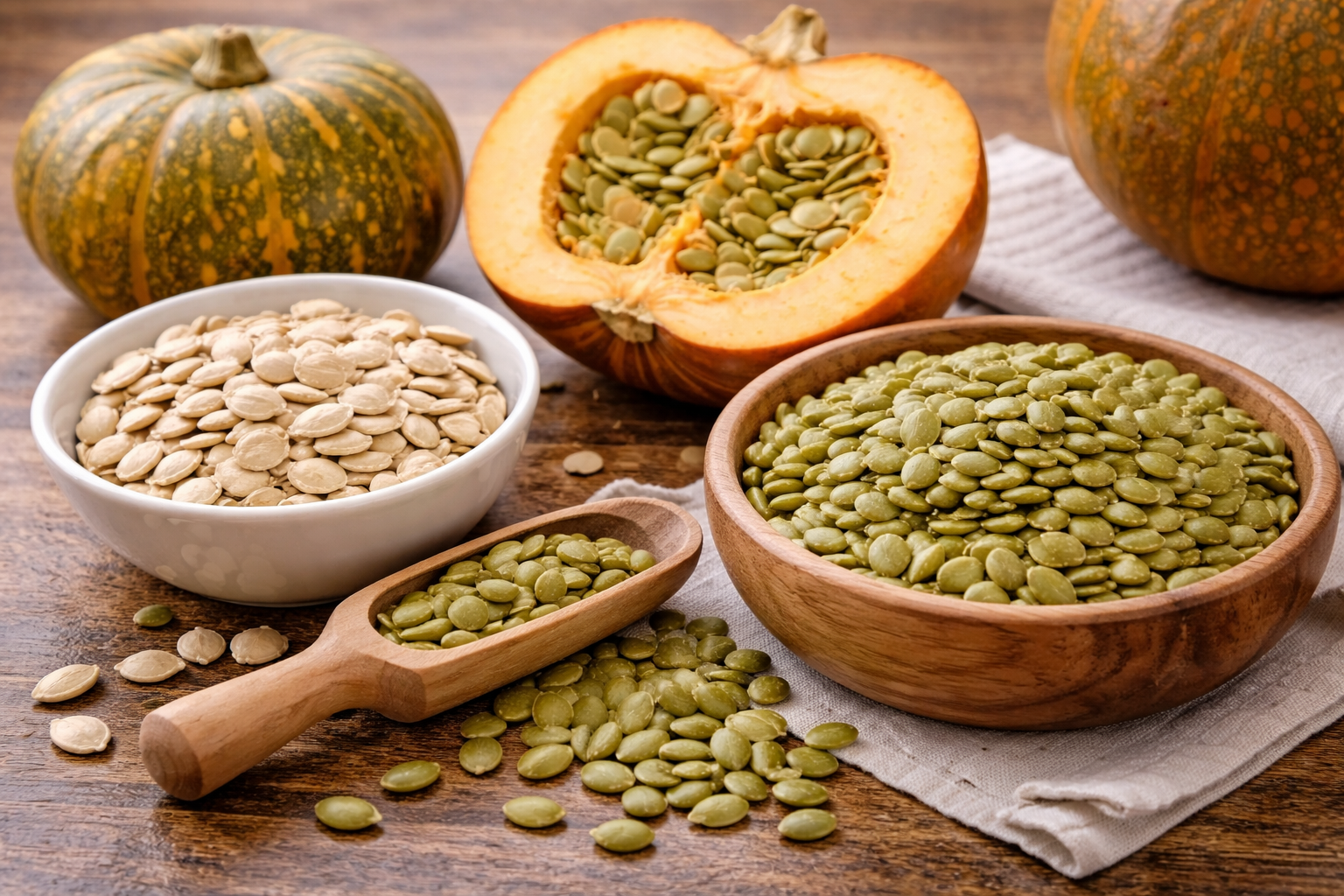 Pepitas beside unshelled pumpkin seeds and a hull-less pumpkin cut open to show edible seed variety