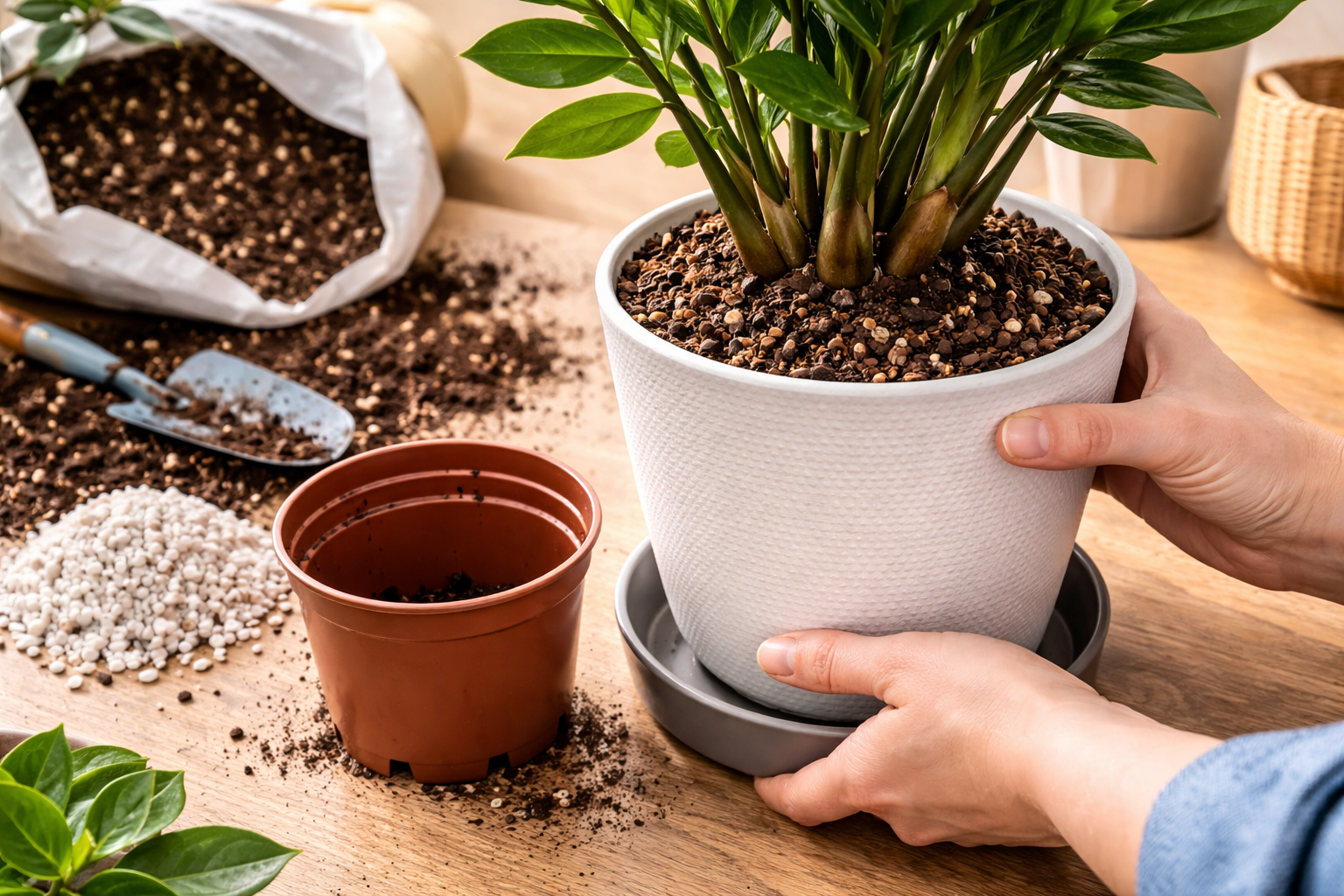 ZZ plant in a nursery pot with drainage holes next to chunky well-draining potting mix