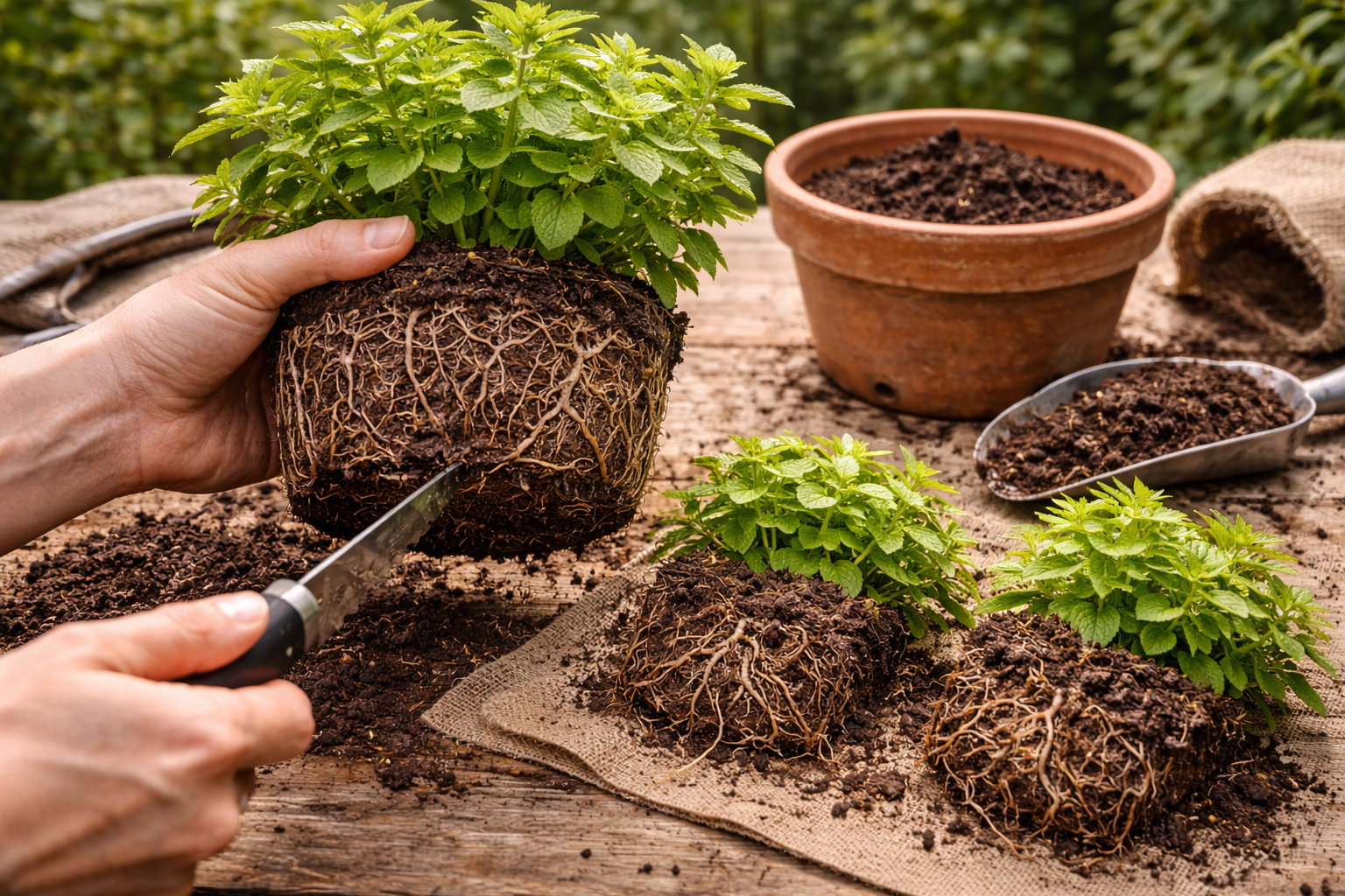 Rootbound spearmint lifted from a pot with dense circling roots ready to divide and repot