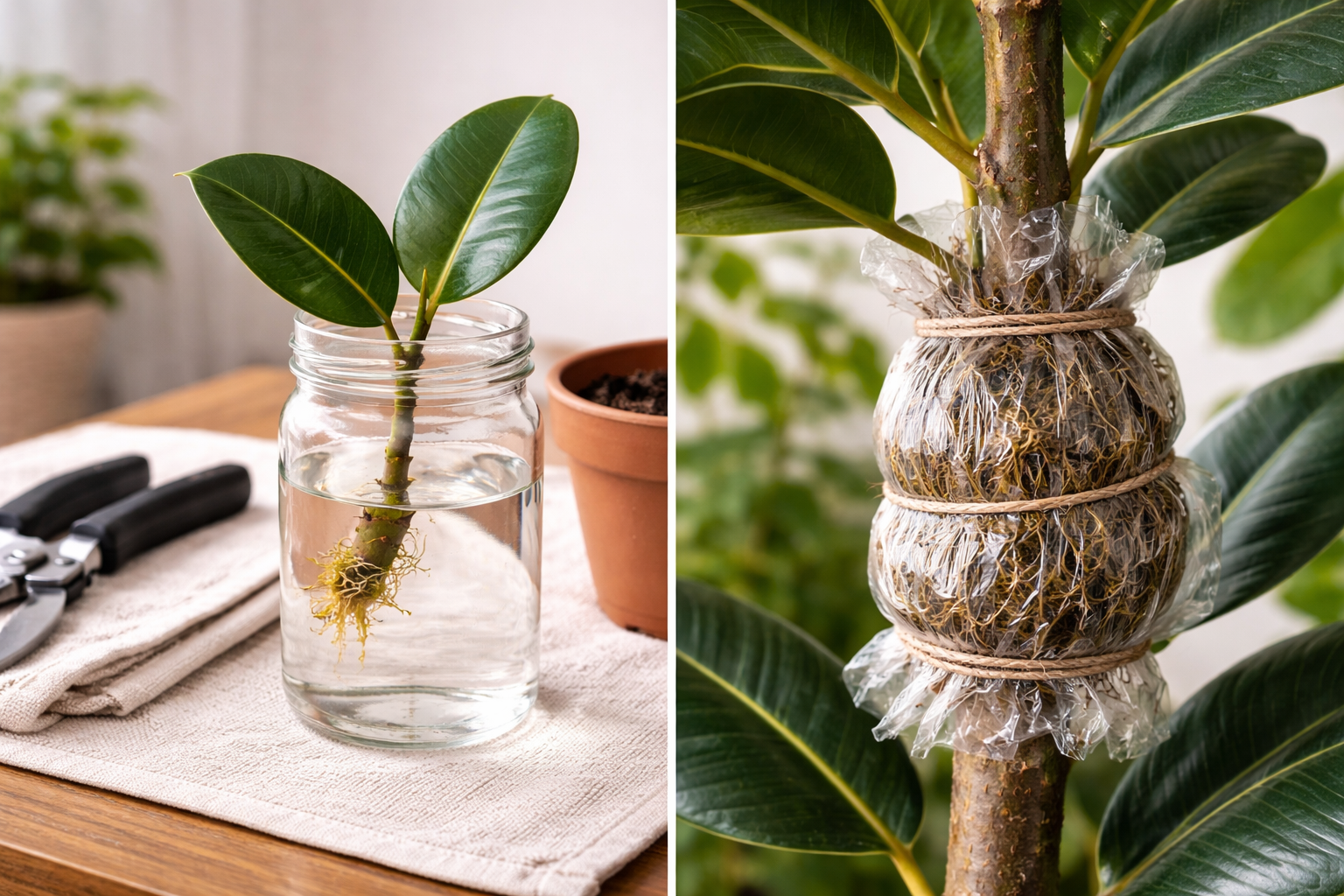 Rubber plant top cutting beside a woody stem prepared for air layering