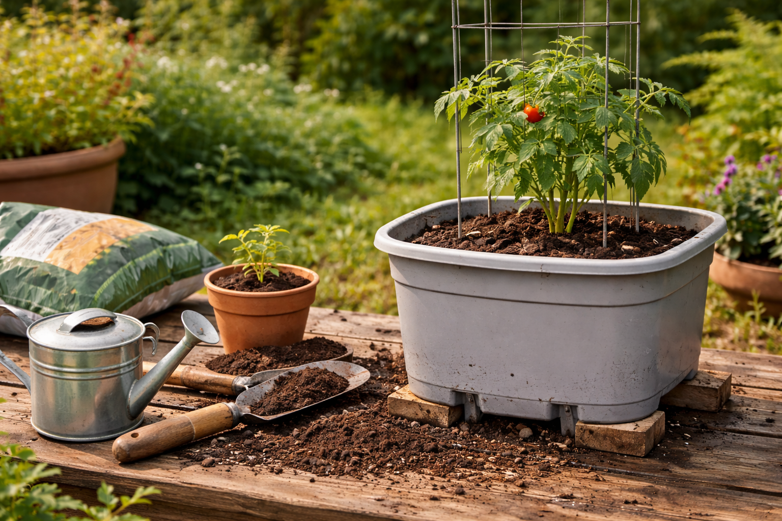Tomato container setup showing drainage holes, potting mix, cage support, and proper placement