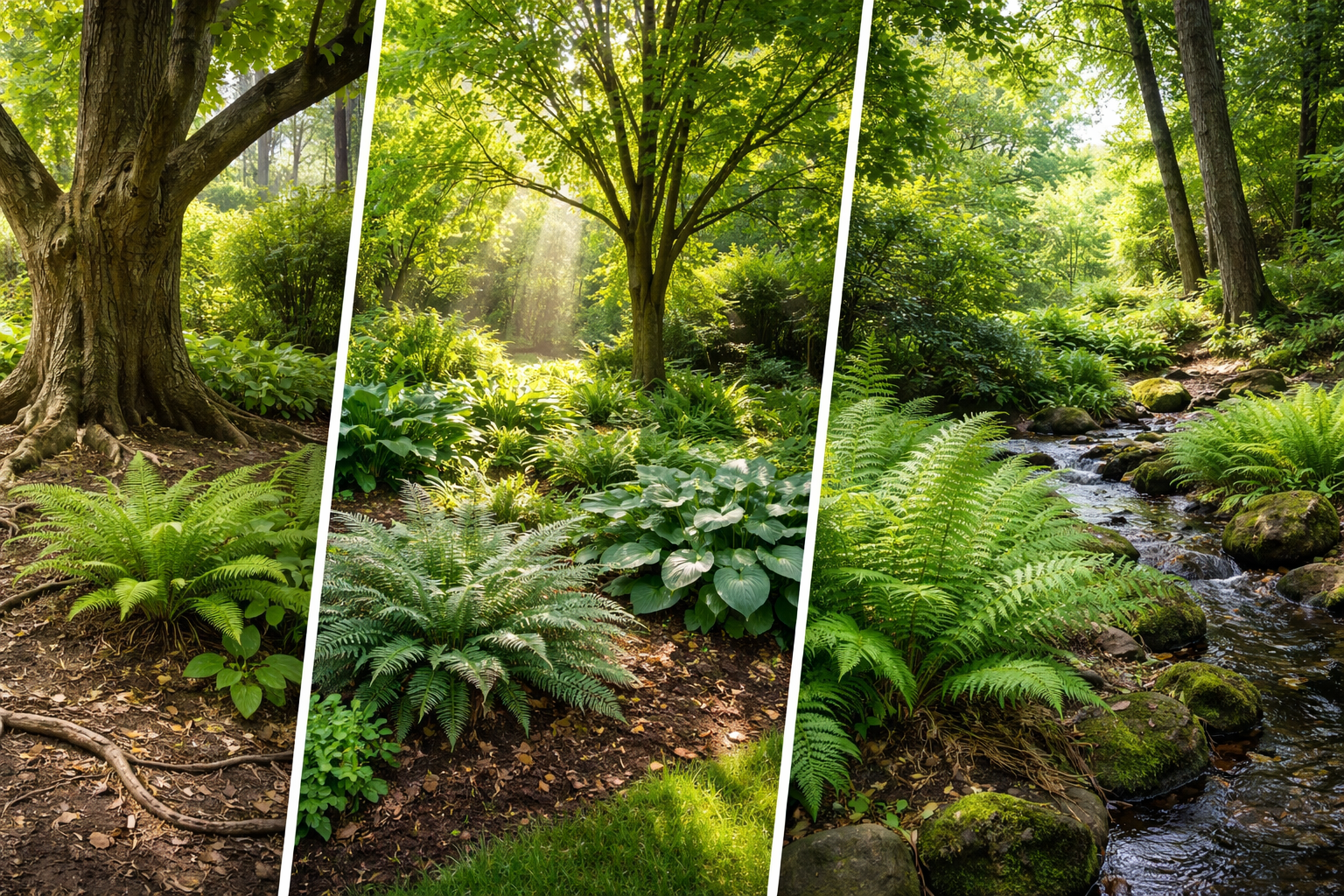 Comparison of dry shade under mature trees, dappled shade, and moist woodland shade in a garden