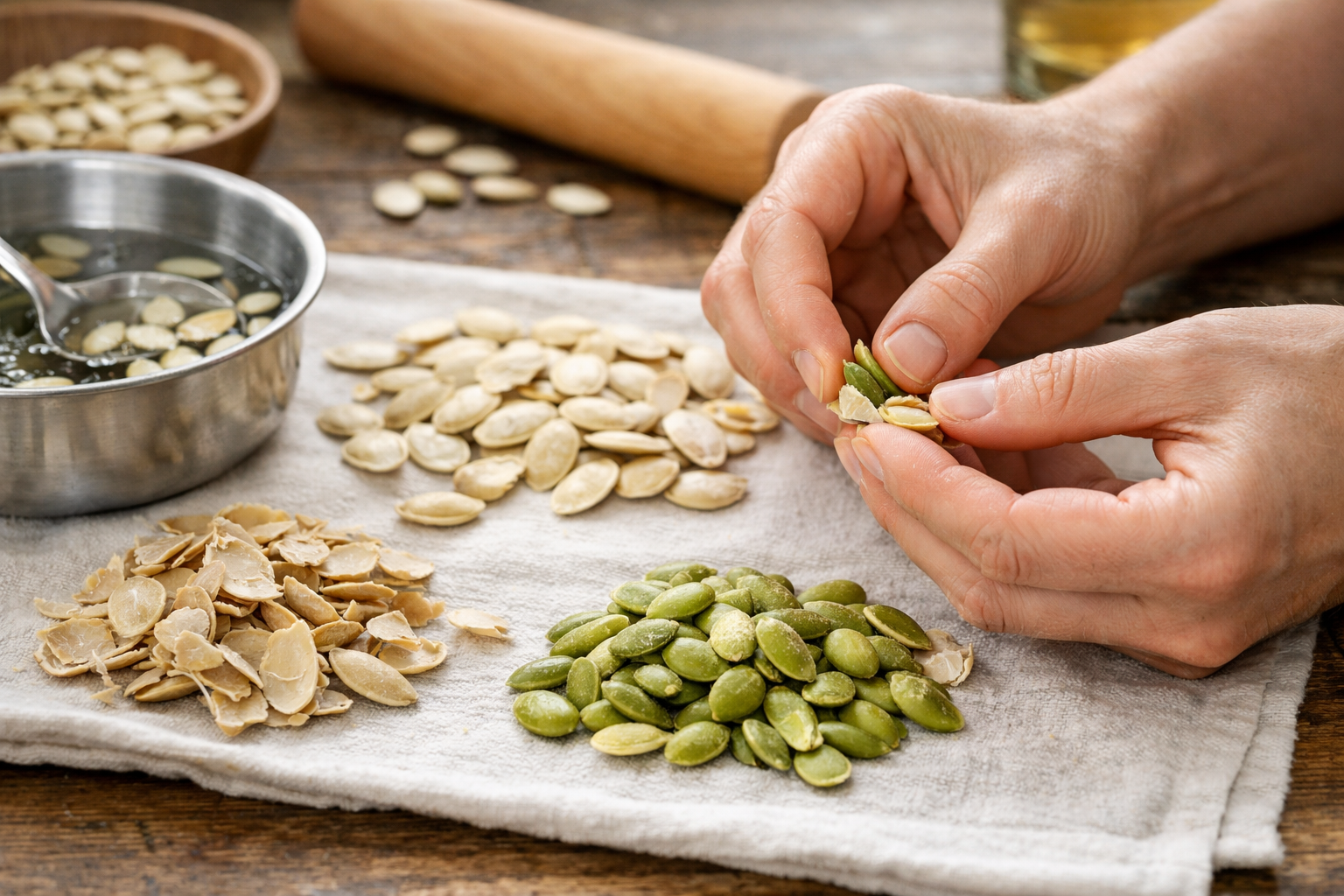 Hands gently shelling pumpkin seeds with cracked hulls and green kernels on a work surface