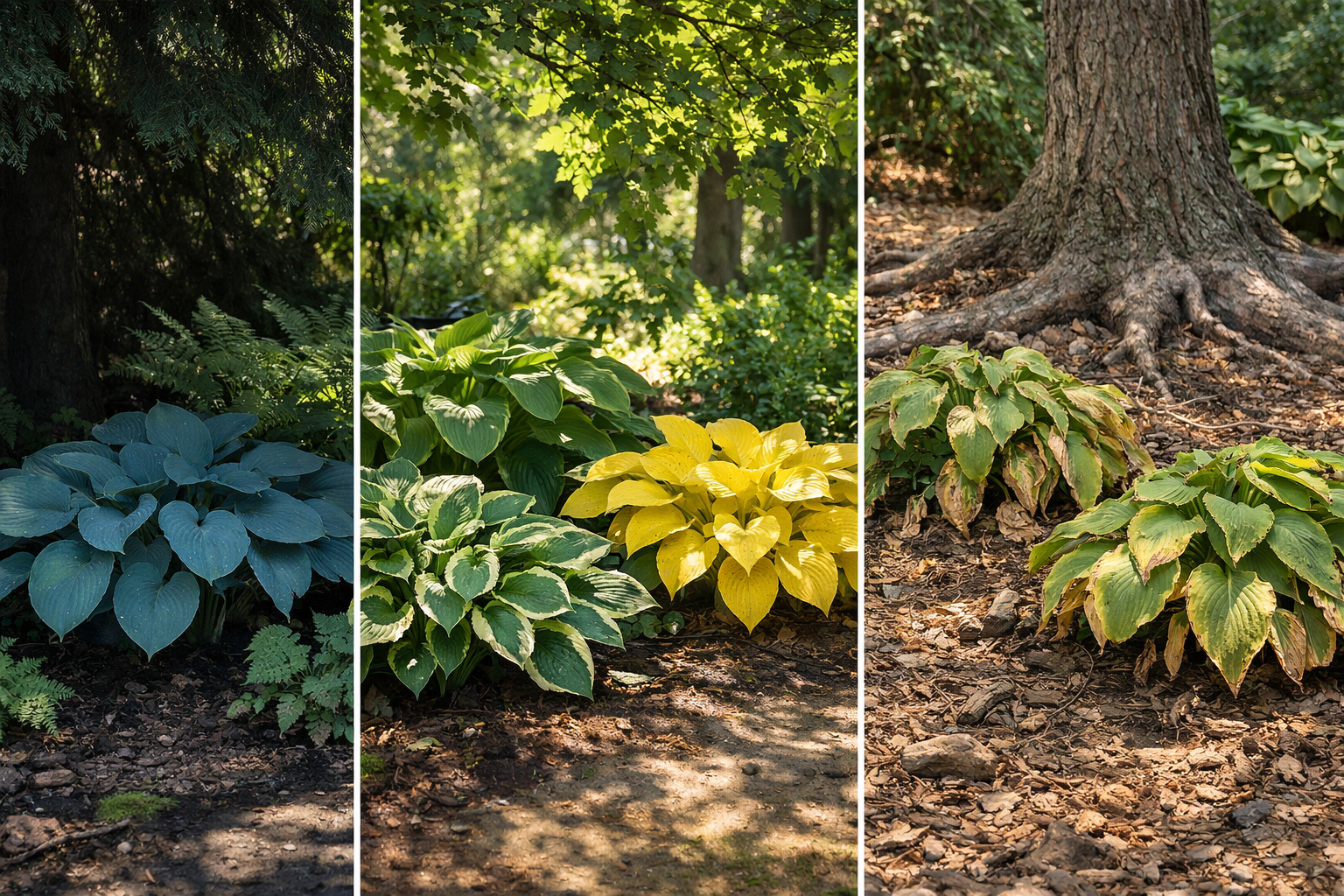 Different shade conditions for hostas including deep shade, dappled shade, and dry shade under trees