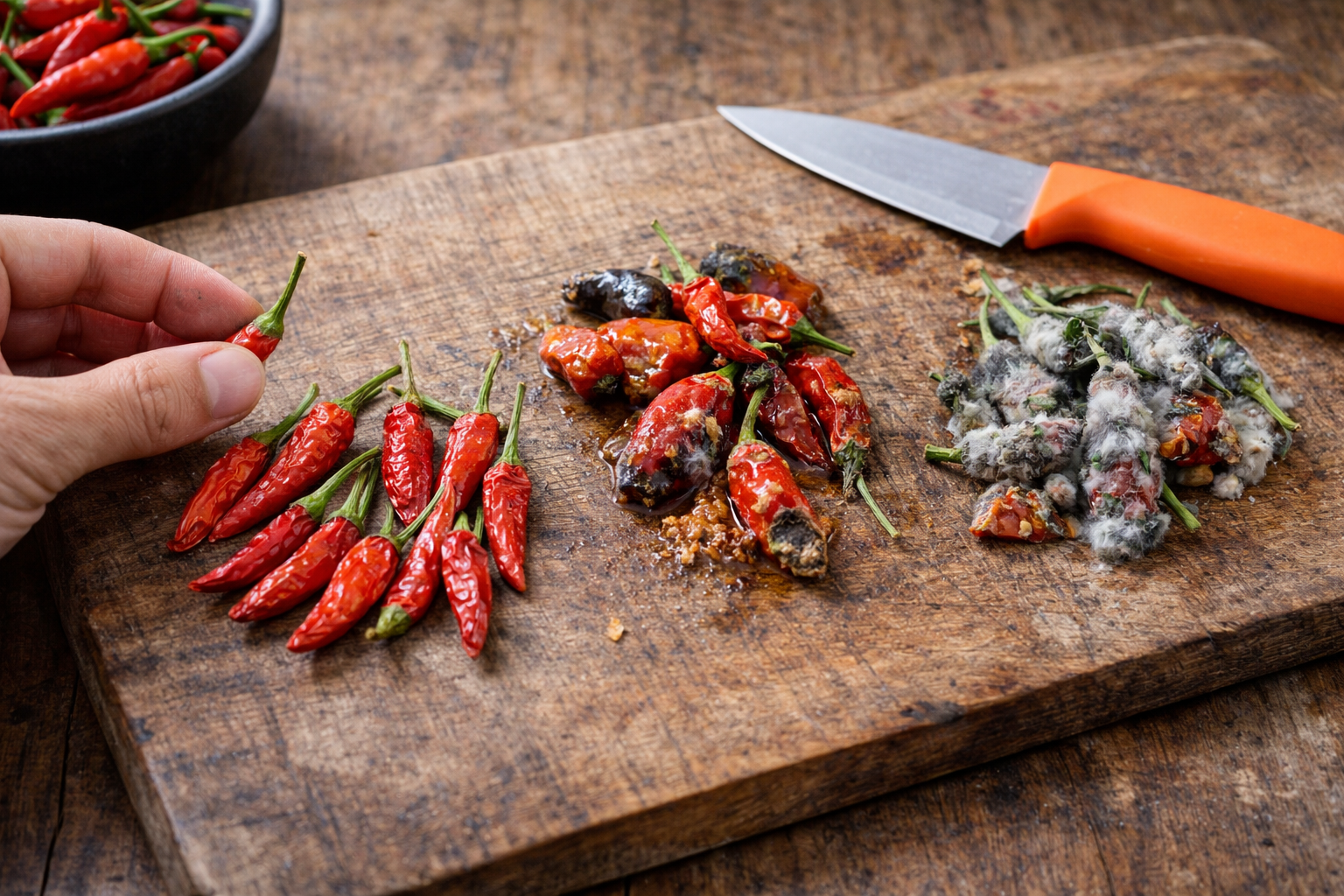 Side-by-side Thai chili peppers showing usable wrinkled peppers and spoiled moldy or slimy peppers