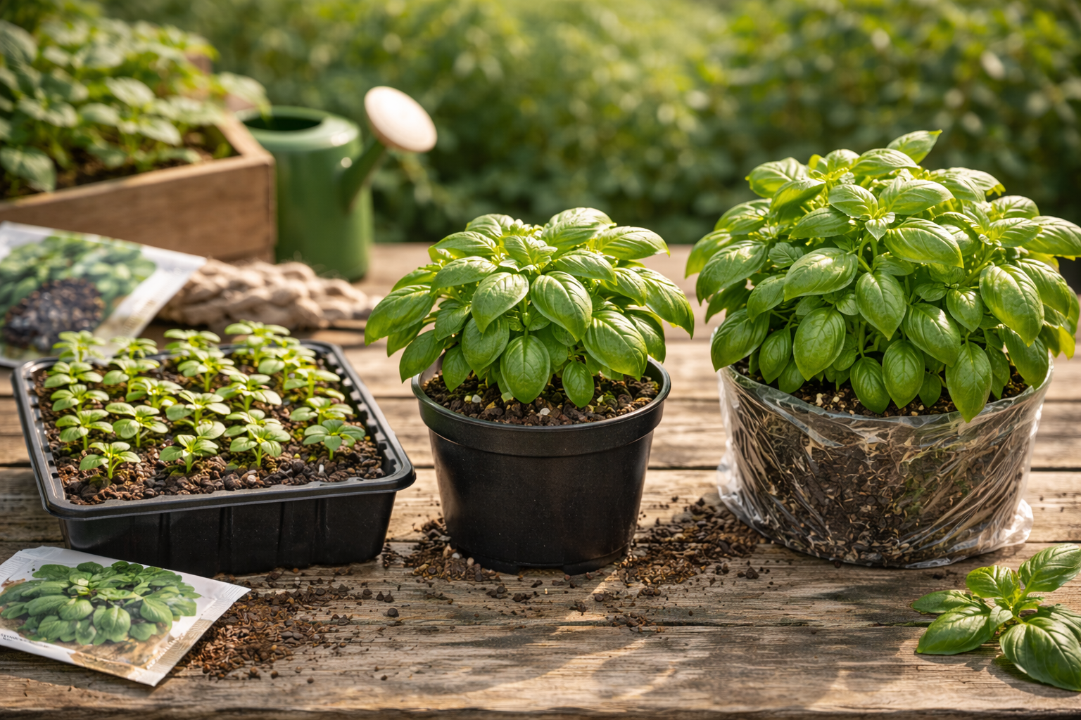 Basil seeds, a nursery basil plant, and an overcrowded supermarket basil pot side by side