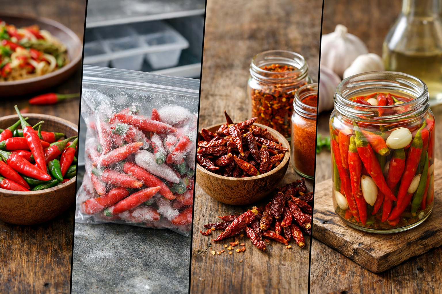 Comparison of fresh, frozen, dried, and pickled Thai chili peppers for different storage methods