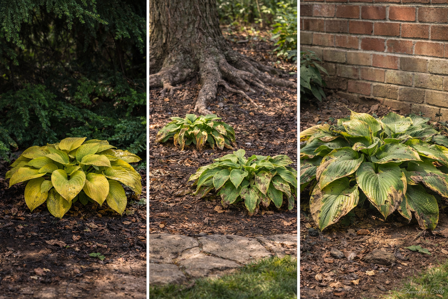 Common hosta problems including dull color, scorched leaves, and oversized plants in tight beds
