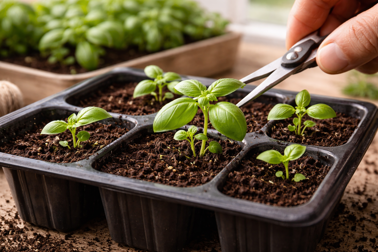 Basil seedlings at true-leaf stage with extras being snipped to leave one strong seedling