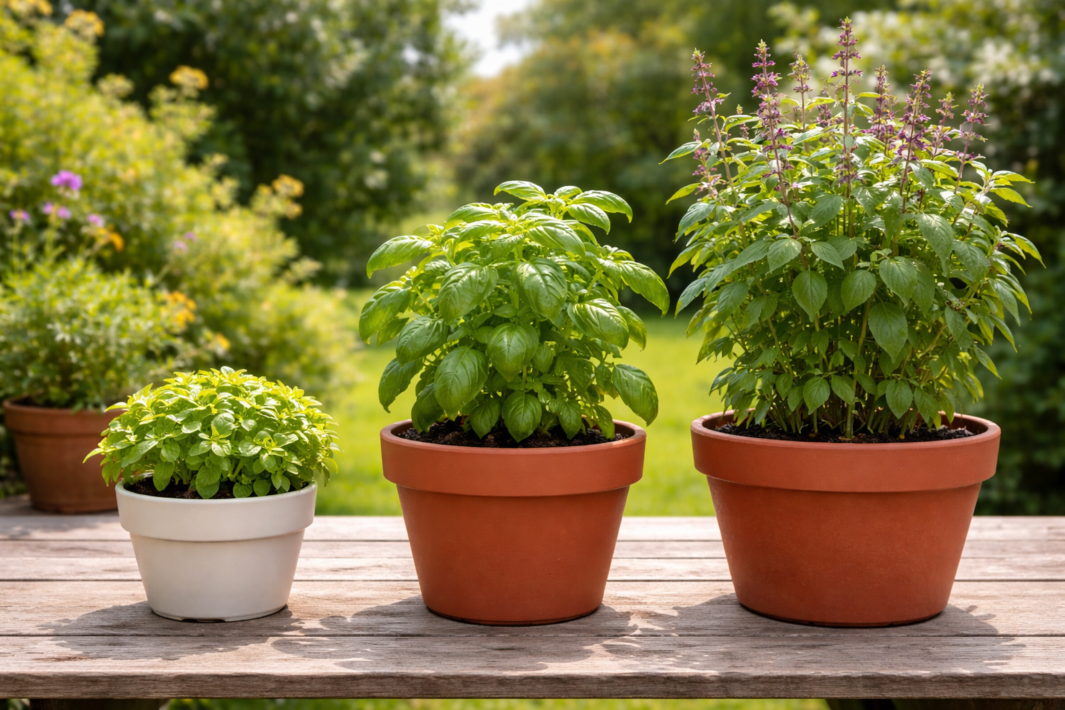 Different basil types and a crowded grocery-store basil plant next to properly sized pots