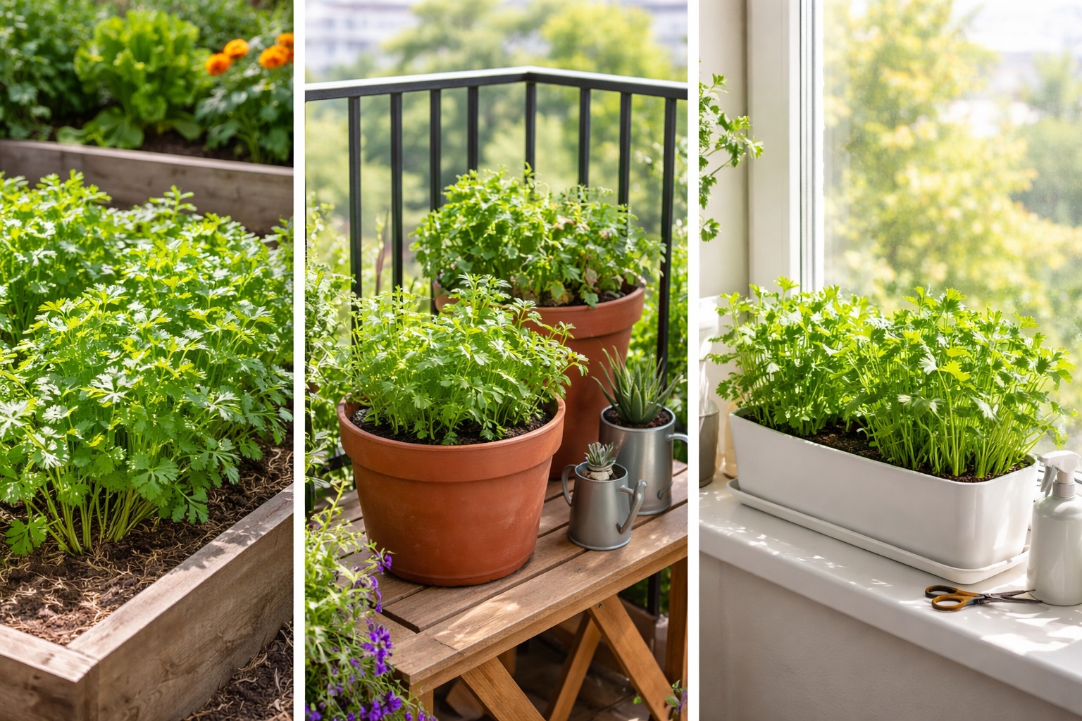 Cilantro growing in a garden bed, balcony pot, and bright indoor window