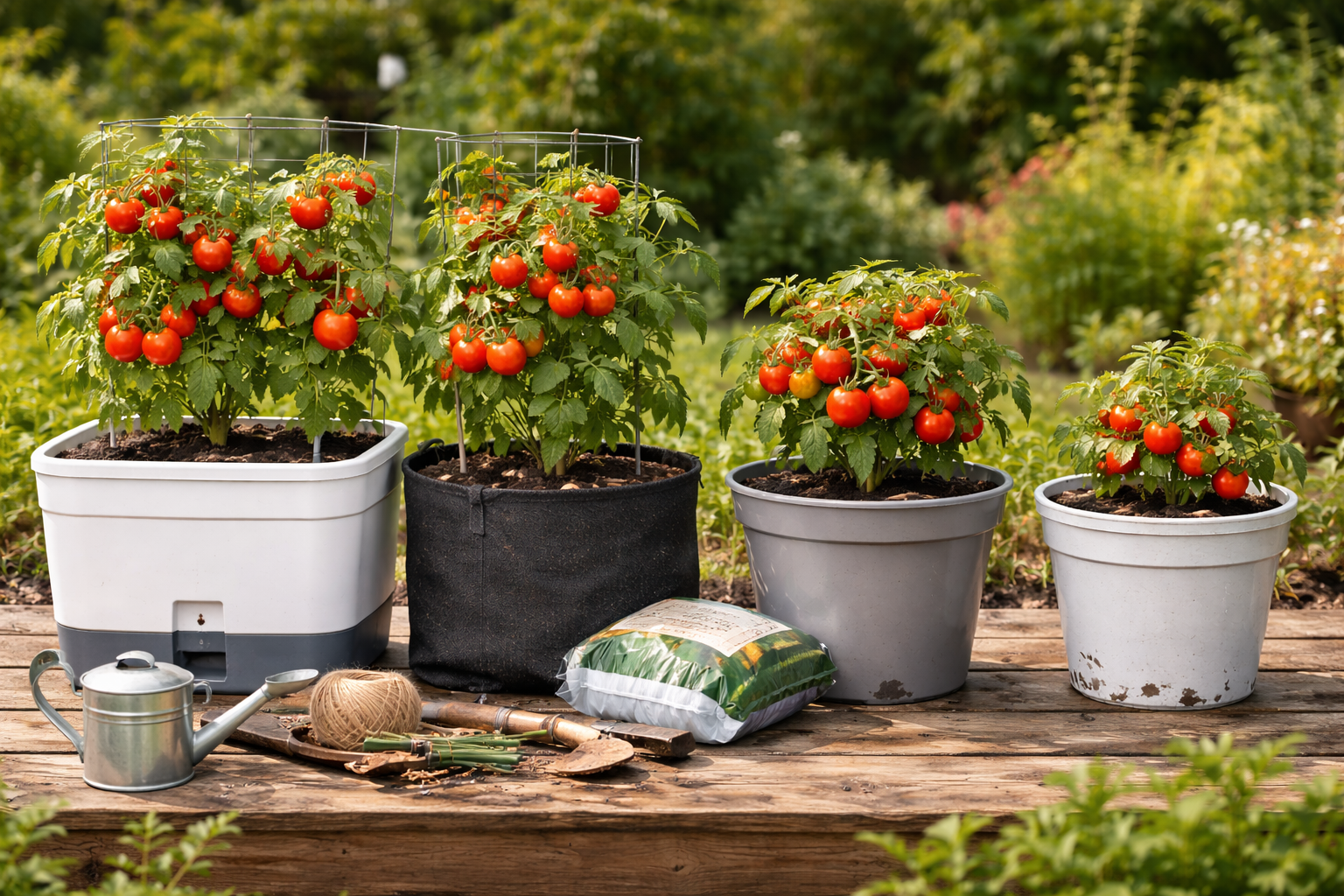 Best tomato container options including a self-watering planter, grow bag, and large plastic pot