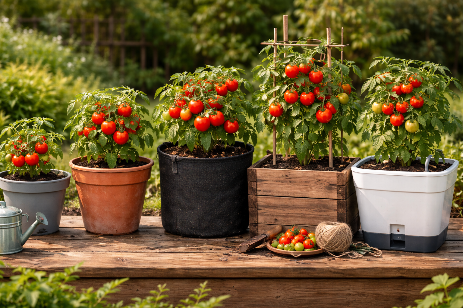 Tomato plants growing in plastic, terracotta, fabric, wood, and self-watering pots