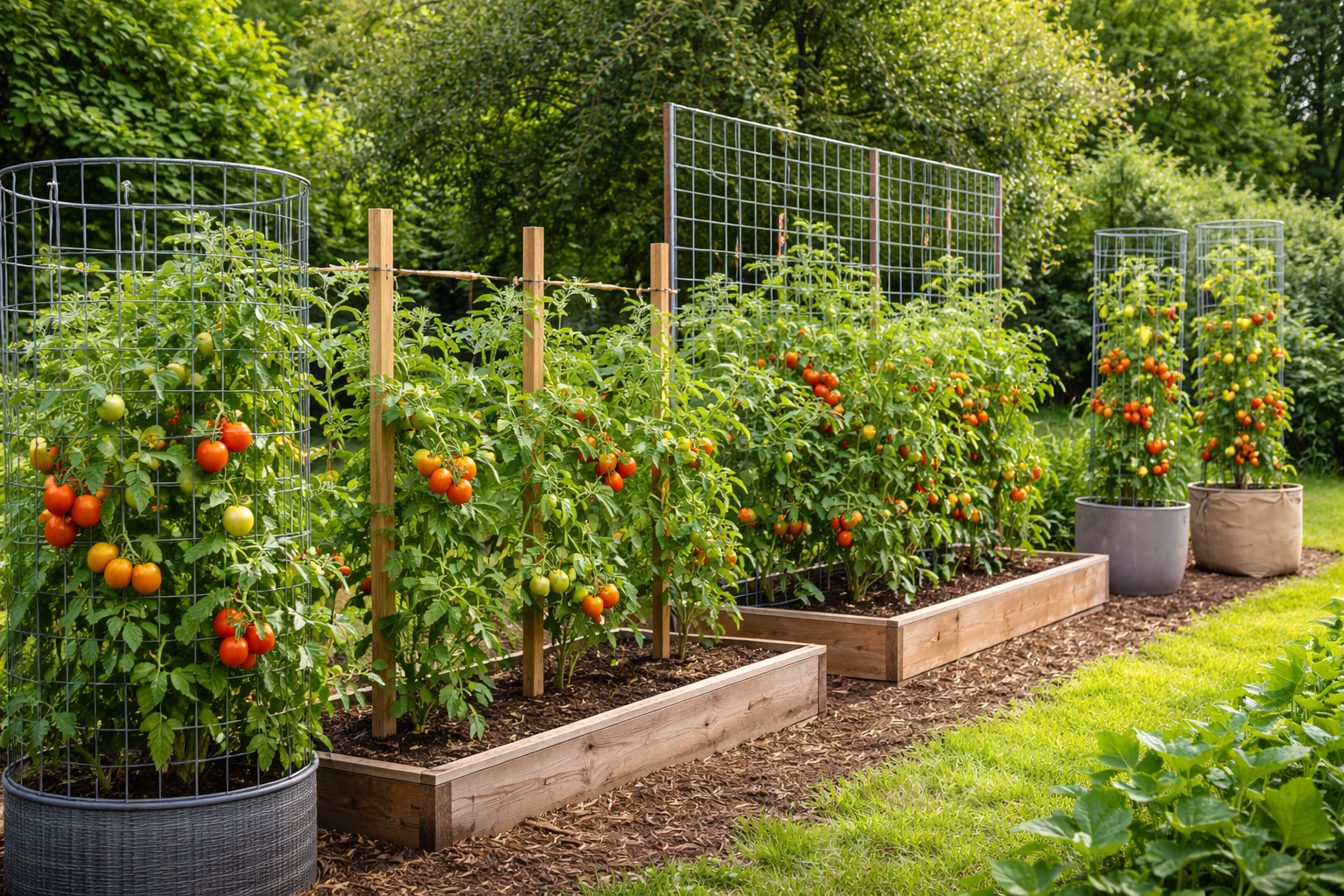 Different tomato trellis setups including a heavy-duty cage, Florida weave row, raised bed panel, and container support
