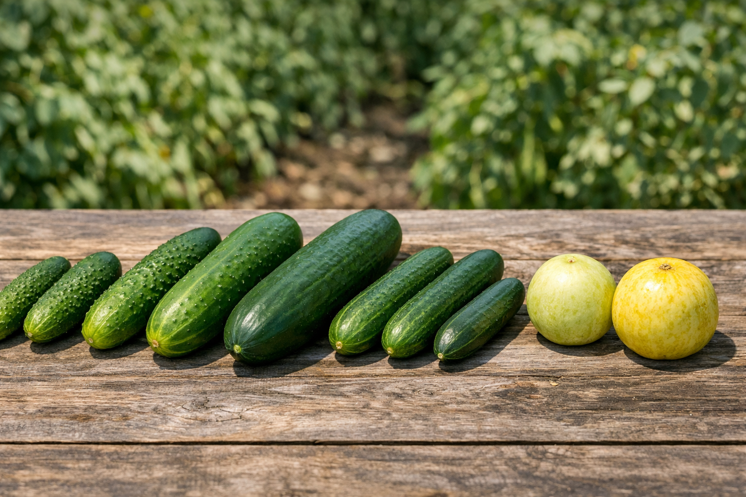 Side-by-side comparison of different cucumber types with visible size and shape differences