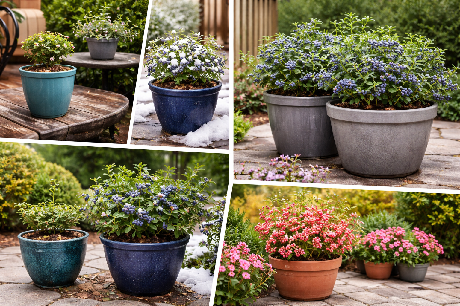 Different blueberry varieties growing in containers on a patio