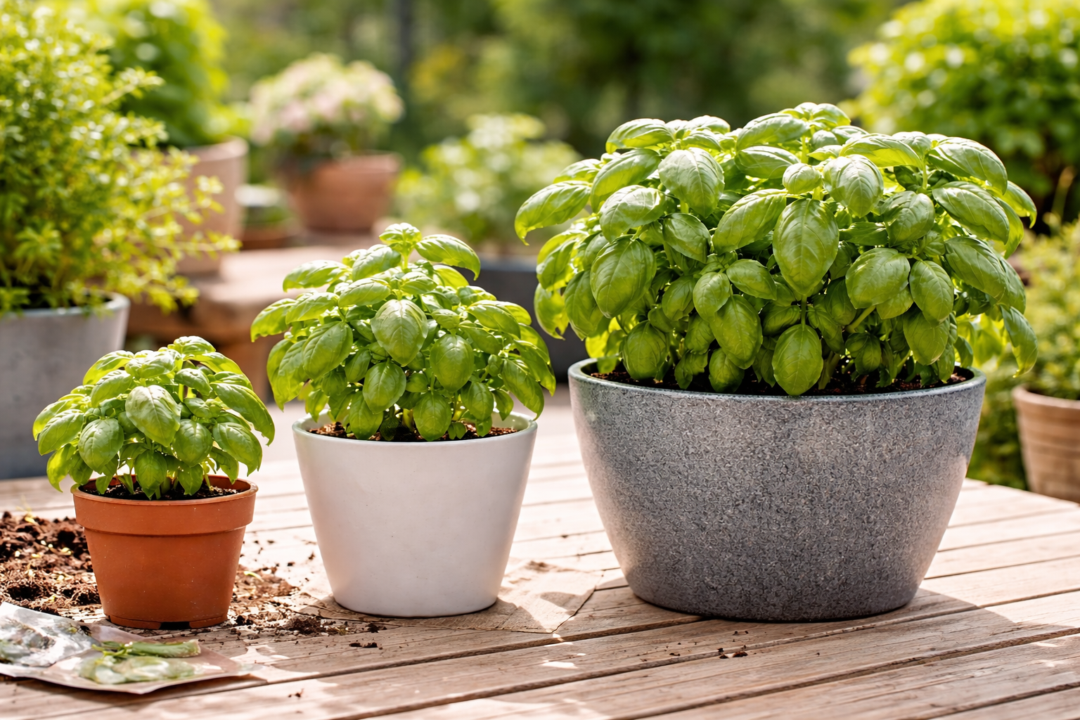 Three basil plants shown in 6-inch, 8-inch, and 10-inch pots side by side