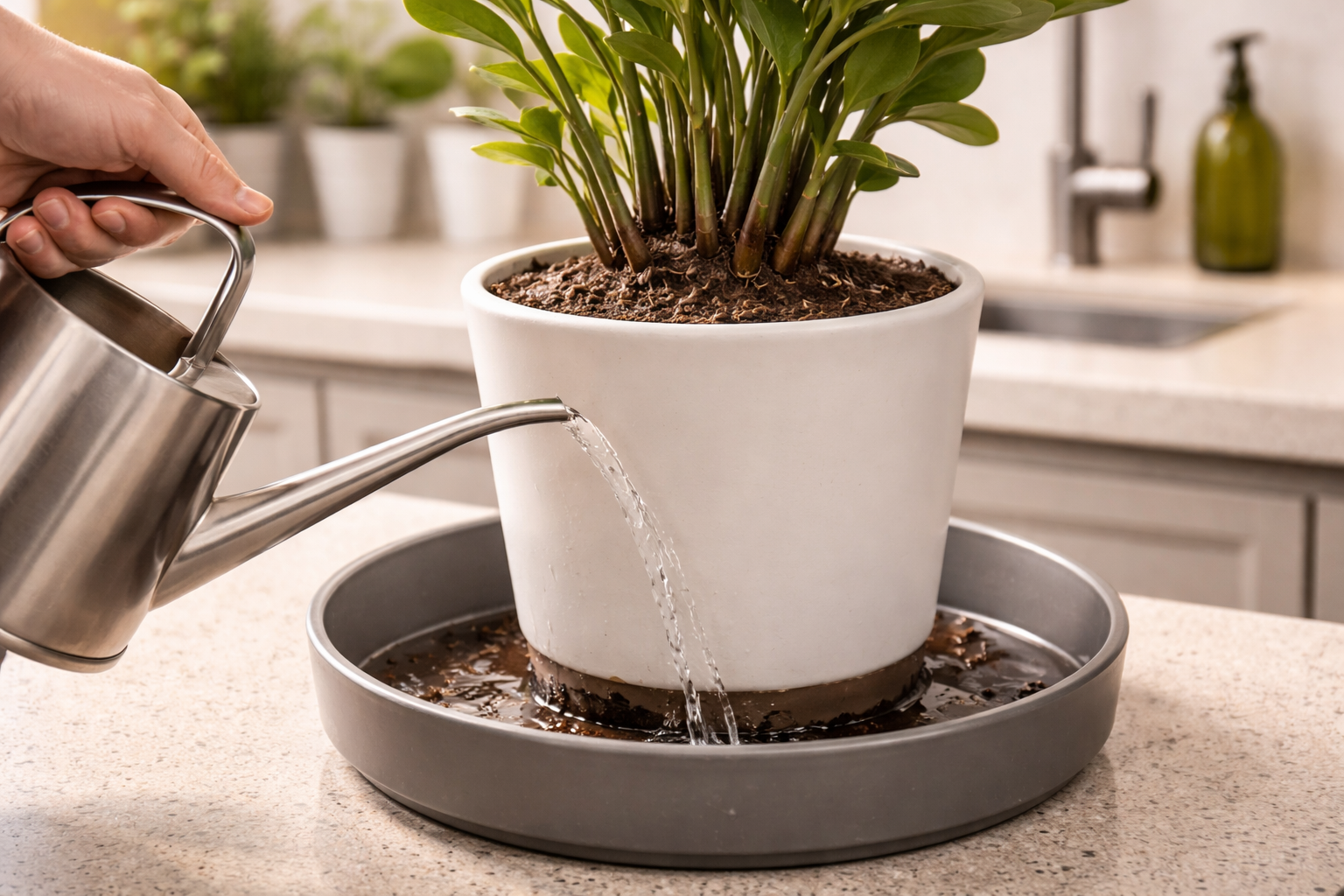 ZZ plant being watered deeply until water drains from the bottom into a saucer
