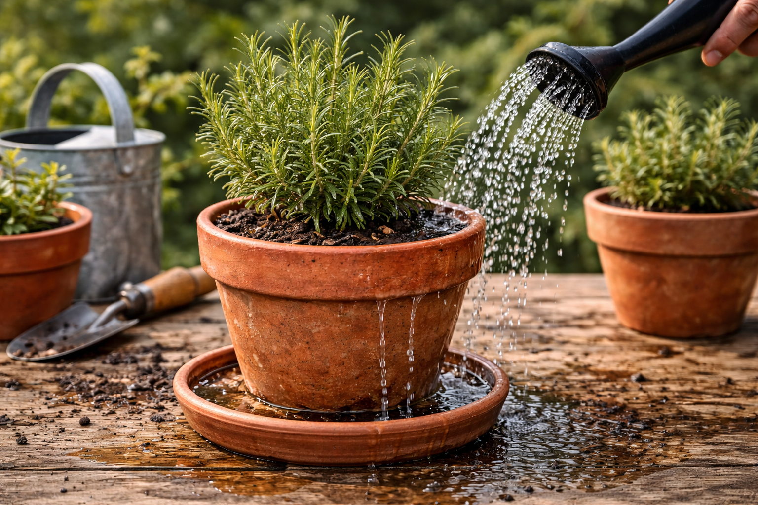 Watering a rosemary pot deeply until water drains from the bottom