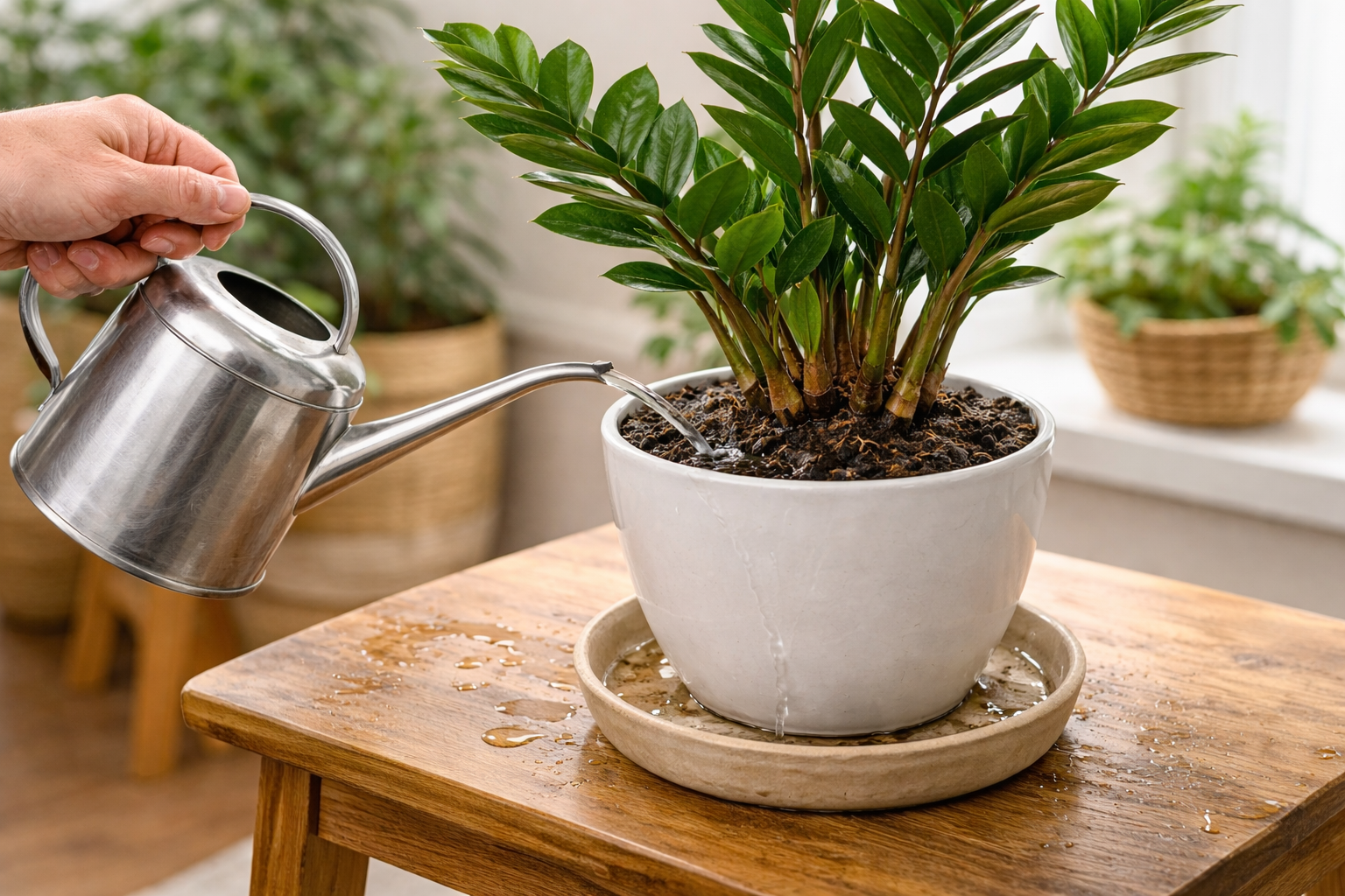 ZZ plant being watered thoroughly in a pot with drainage and excess water draining out