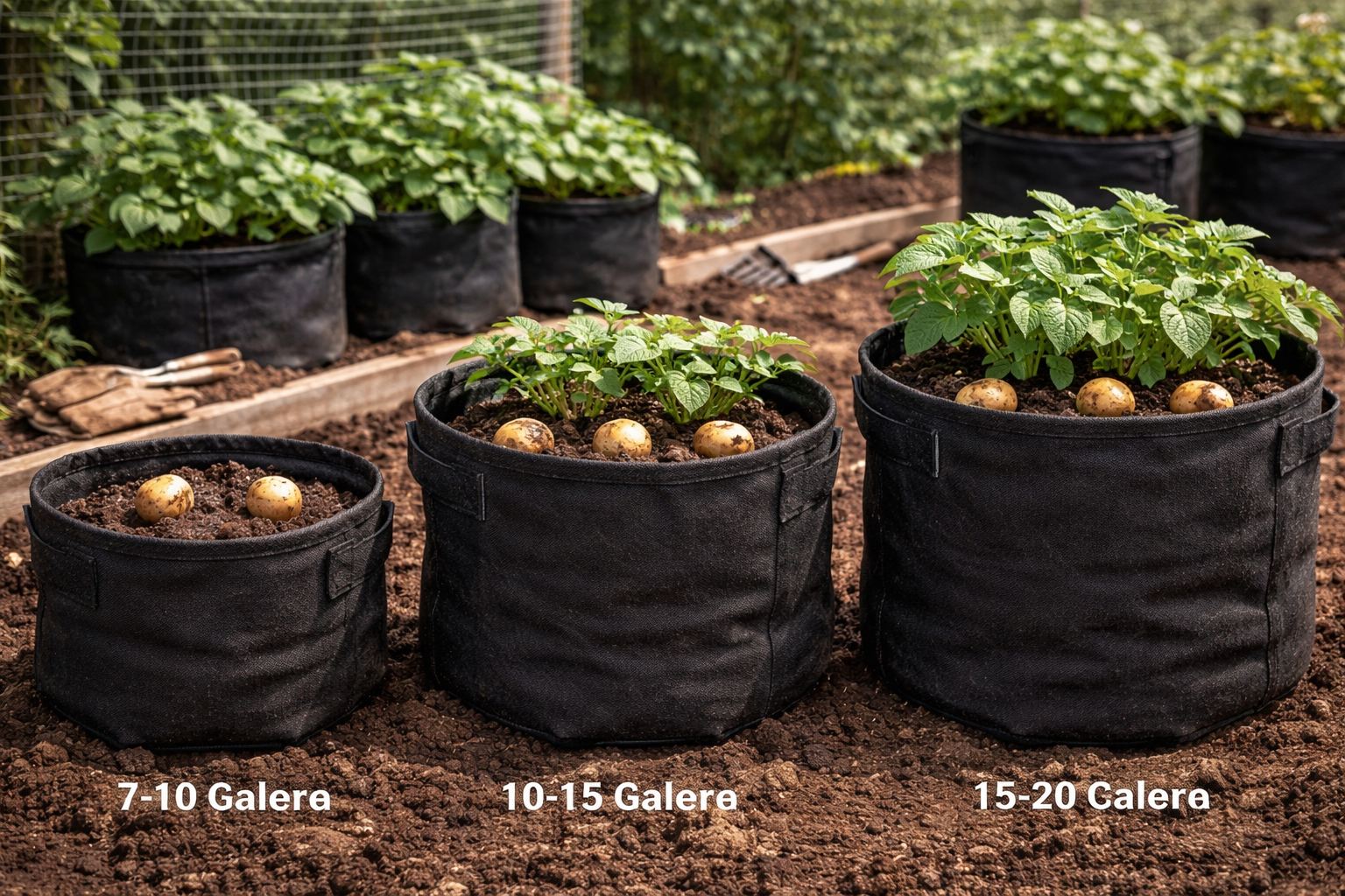 Different grow bag sizes with the correct number of seed potatoes spaced inside each one