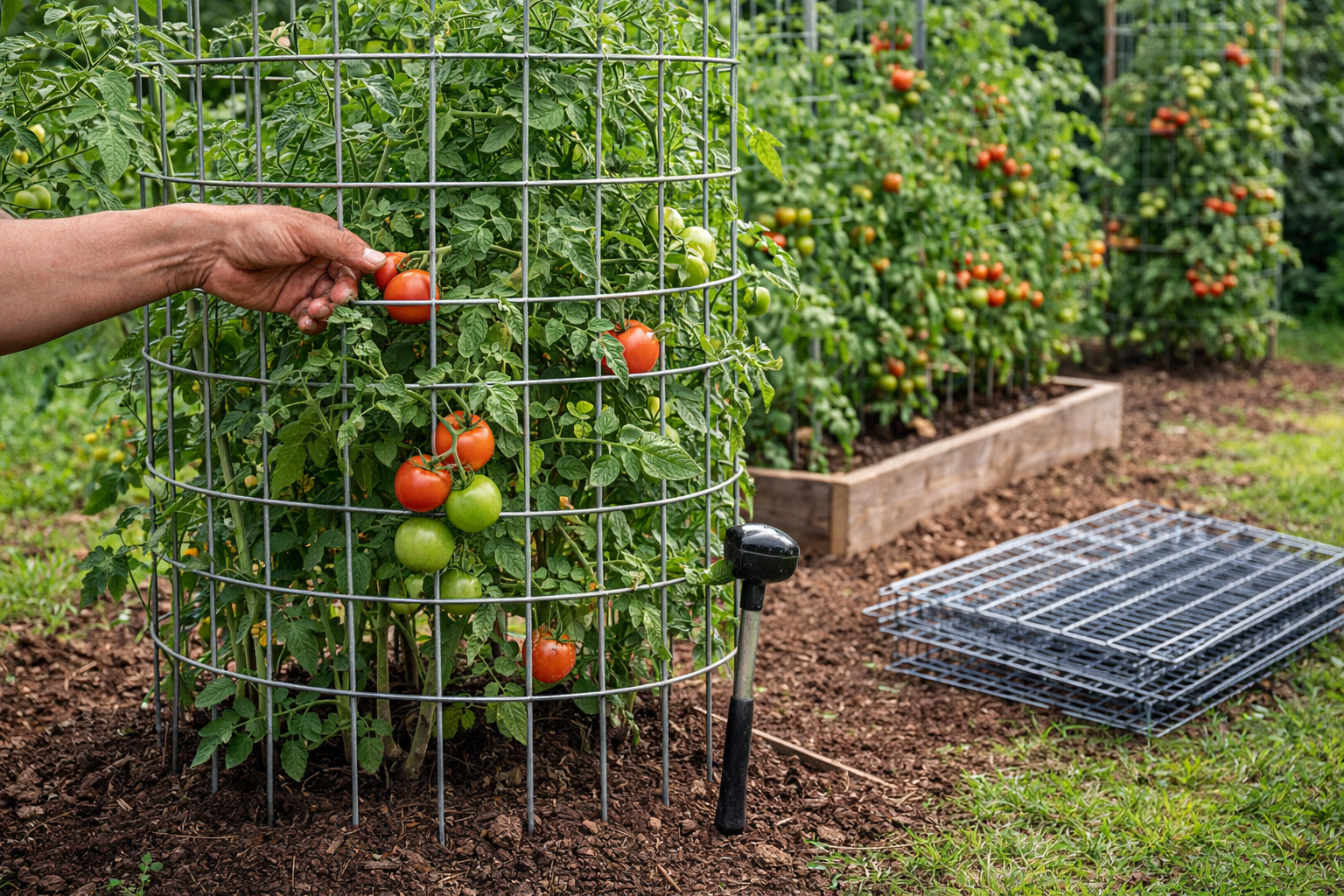 Close-up of a sturdy tomato trellis showing cage height, wide openings, rigid frame, and secure anchoring