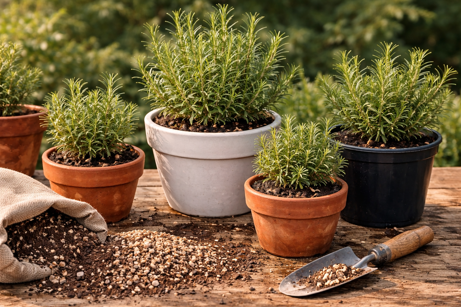Rosemary in different pot sizes and materials with well-draining potting mix beside them