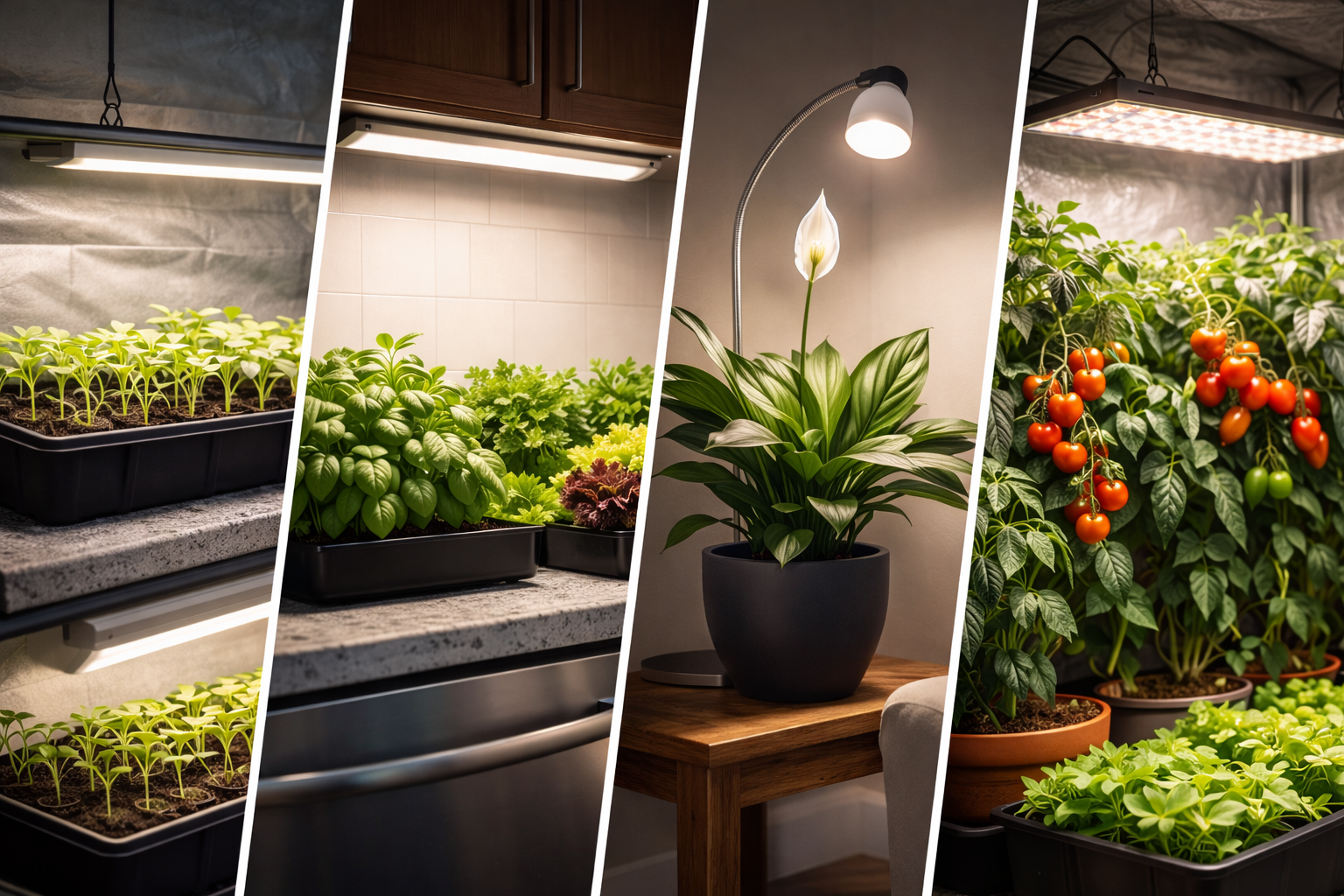 7 Best LED Grow Lights for Indoor Gardening That Actually Work 4 Indoor seedlings, herbs, houseplants, and fruiting plants under different LED grow light setups