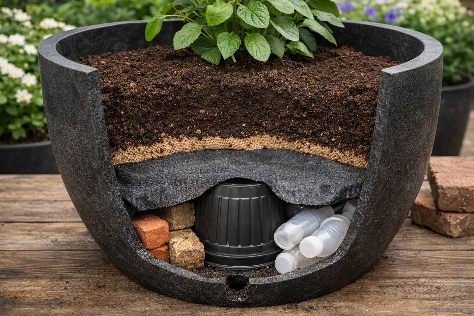 How to Fill a Large Plant Container: 7 Smart Rules That Work 3 Cutaway view of a large planter showing drainage hole, filler layer, fabric barrier, and potting mix