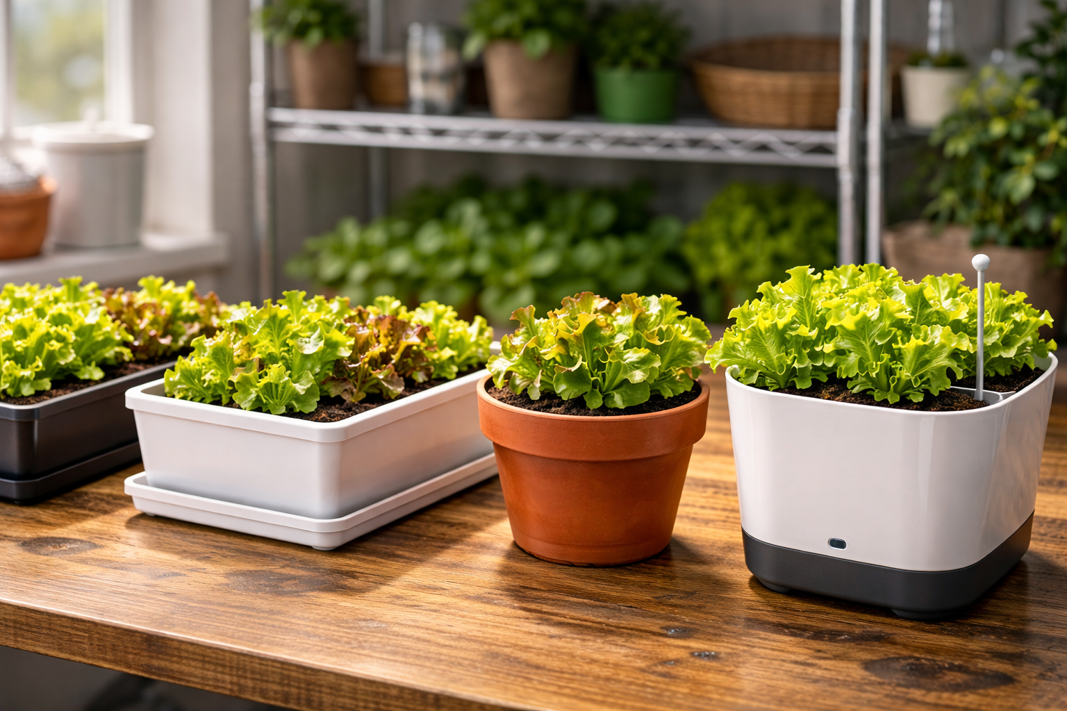 Side-by-side comparison of indoor lettuce container types including tray, window box, round pot, and self-watering planter