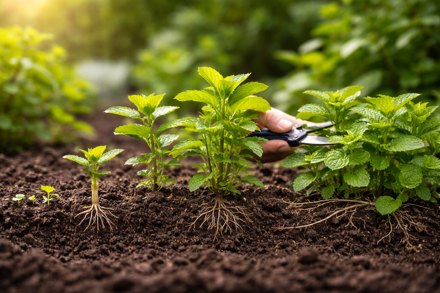 Mint growth stages from sprout to bushy plant with spreading runners