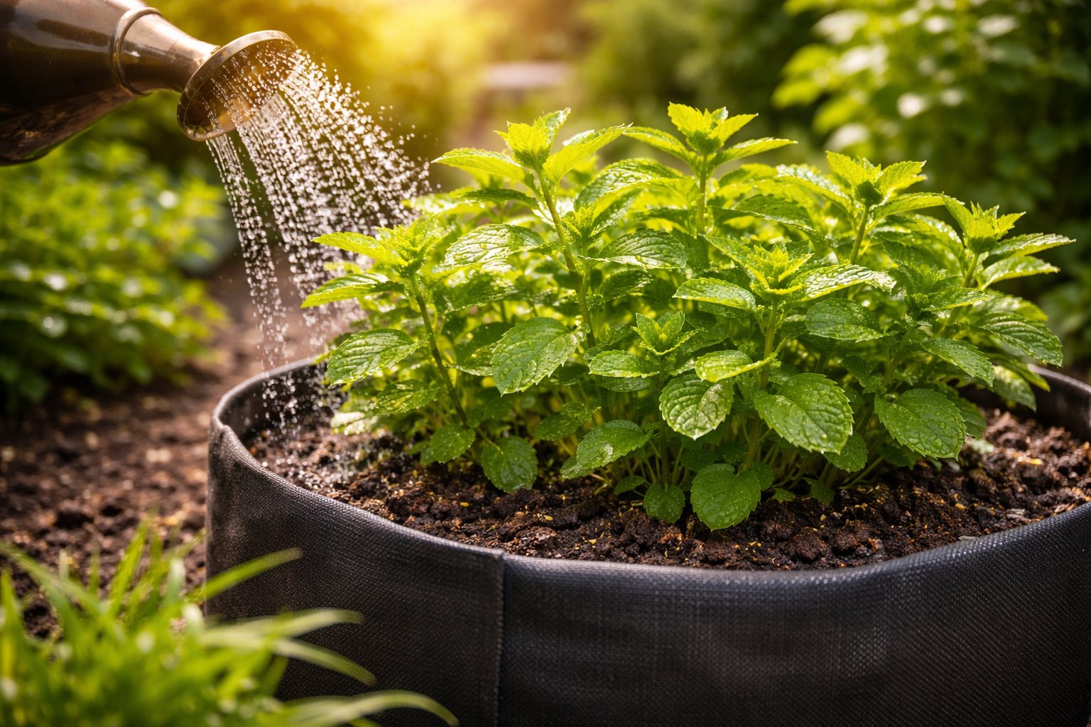 Healthy mint growing in bright light with well-drained soil in a roomy container