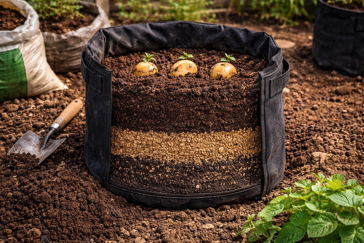 Cross-section of a grow bag showing potato planting depth and loose potting mix layers