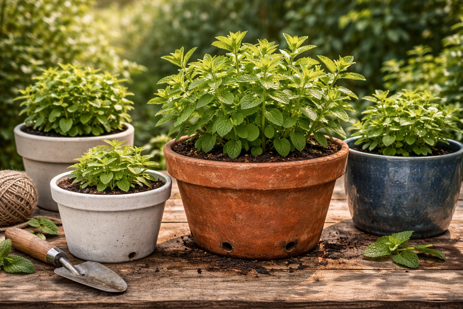Spearmint growing in a medium terracotta pot with visible drainage and room for root growth