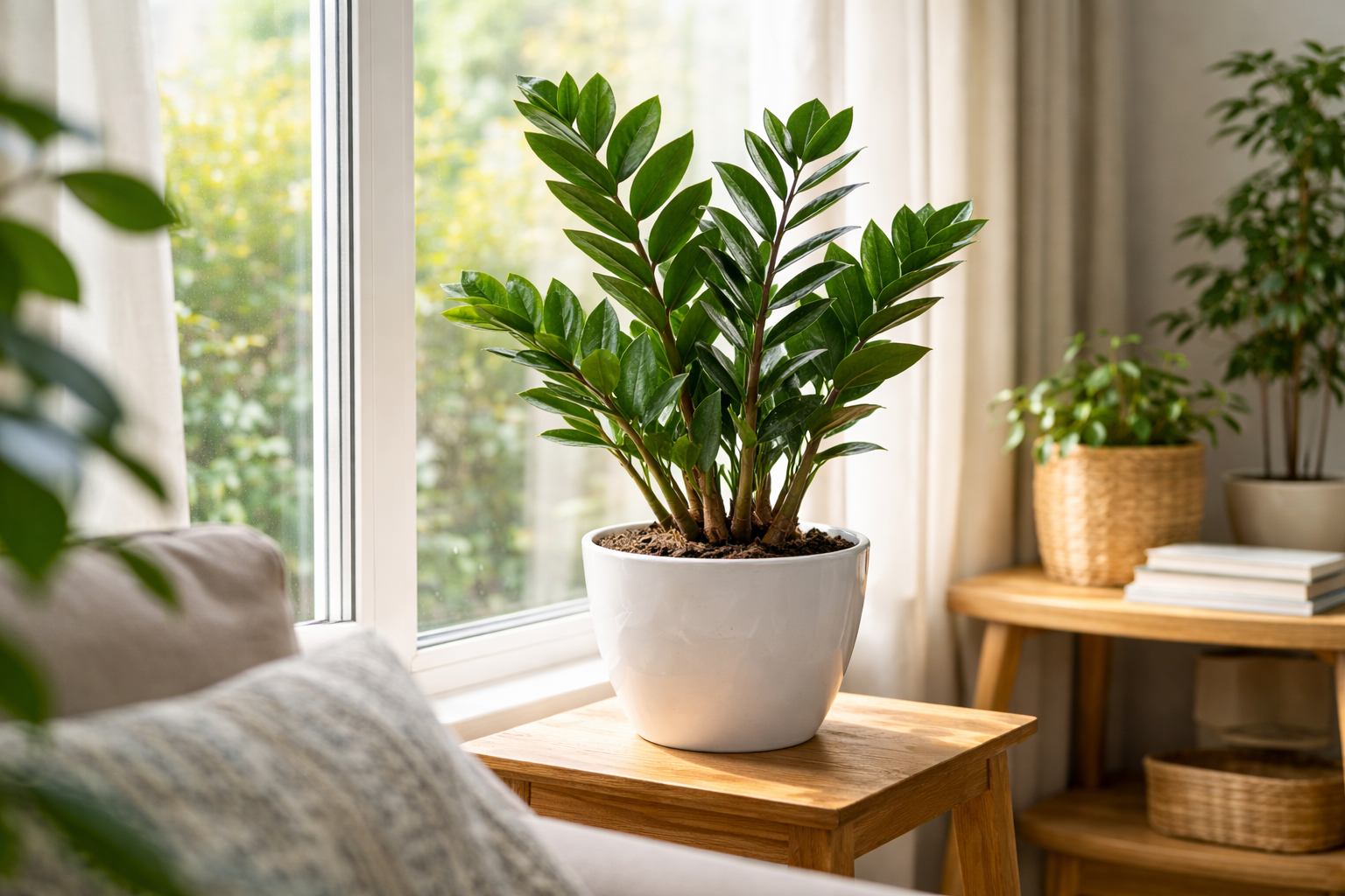 ZZ plant placed a few feet from a bright window with indirect indoor light