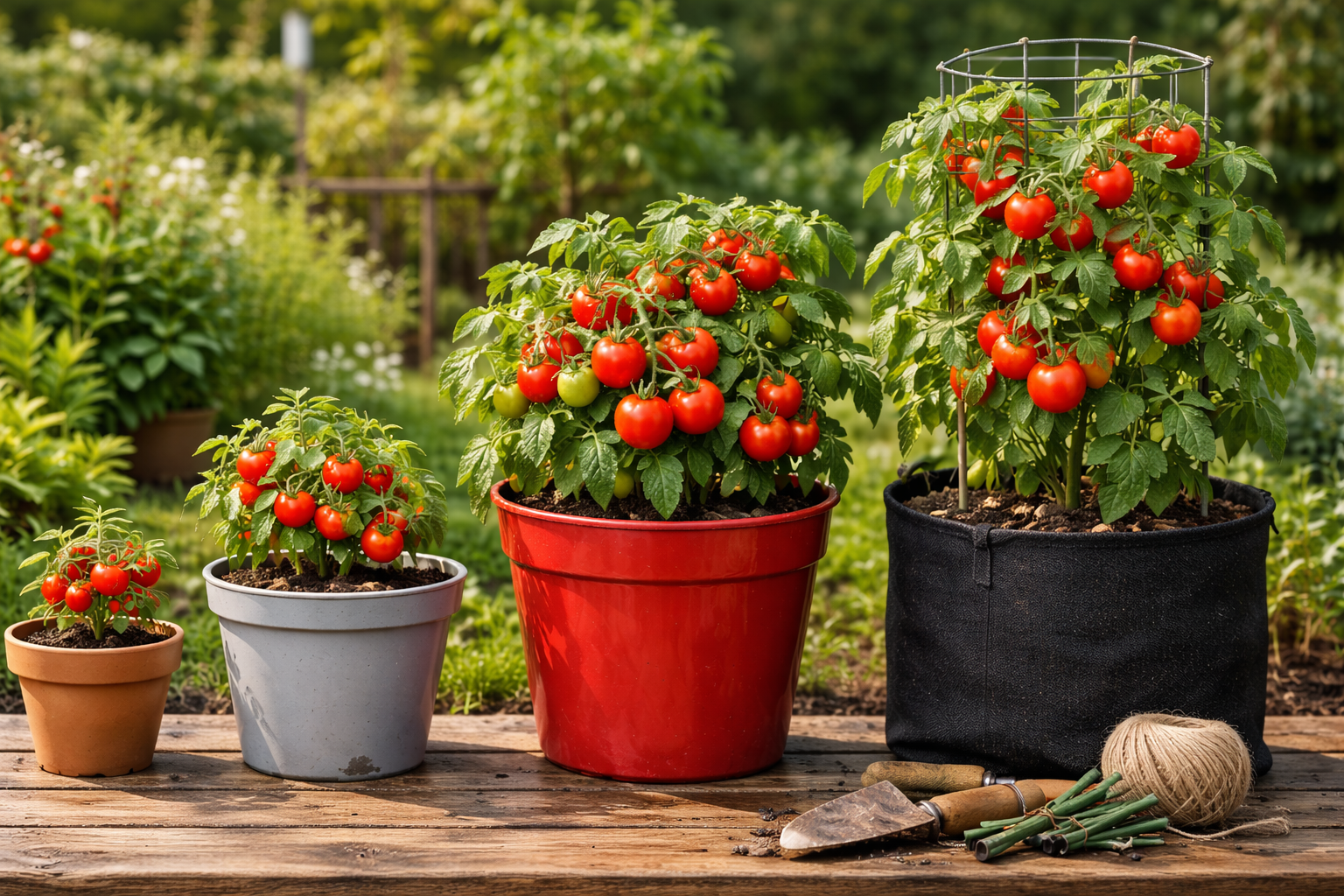 Different tomato plant types shown in small, medium, and large pots for size comparison
