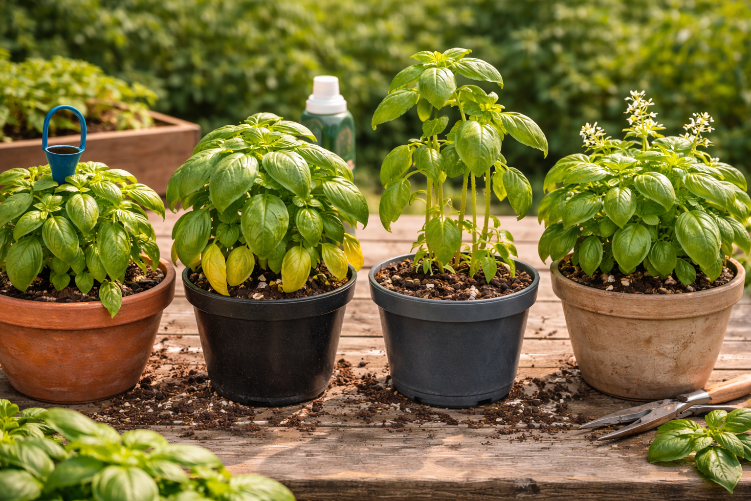 Examples of droopy, yellow, leggy, and flowering basil plants in pots