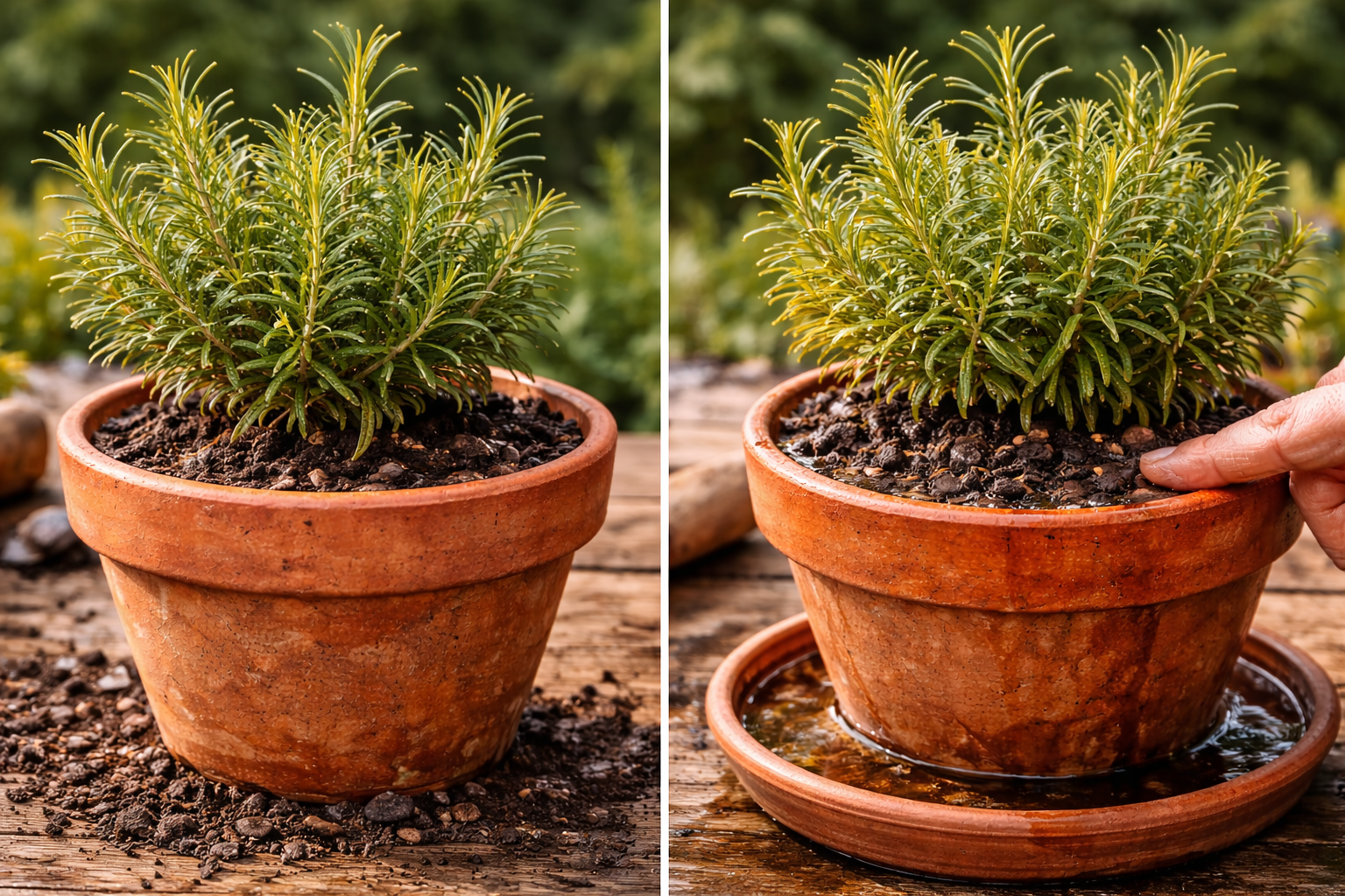 Comparison of underwatered and overwatered rosemary plants in pots