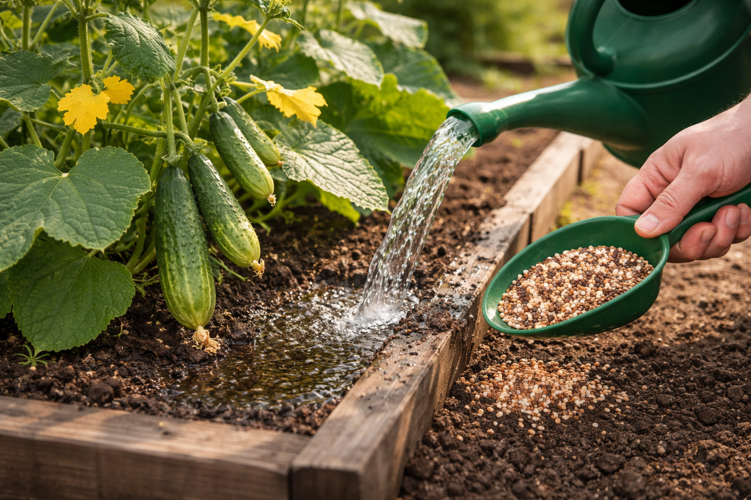 Gardener watering a cucumber plant before applying fertilizer around the root zone, away from the stem