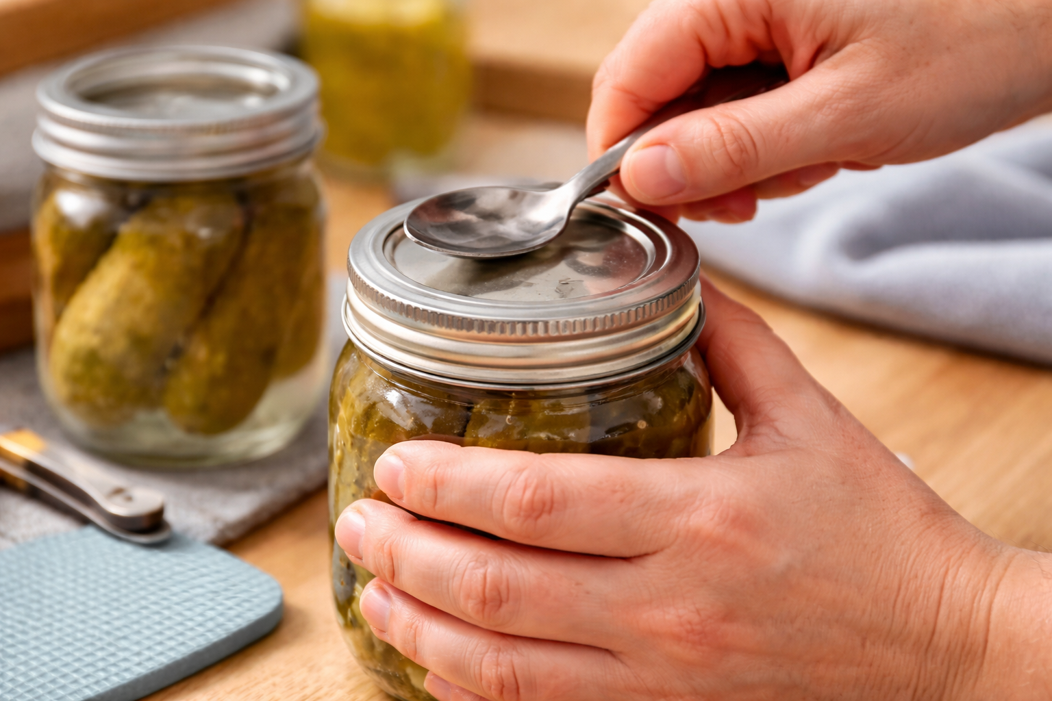 Spoon gently lifting the edge of a Mason jar lid to release the vacuum seal