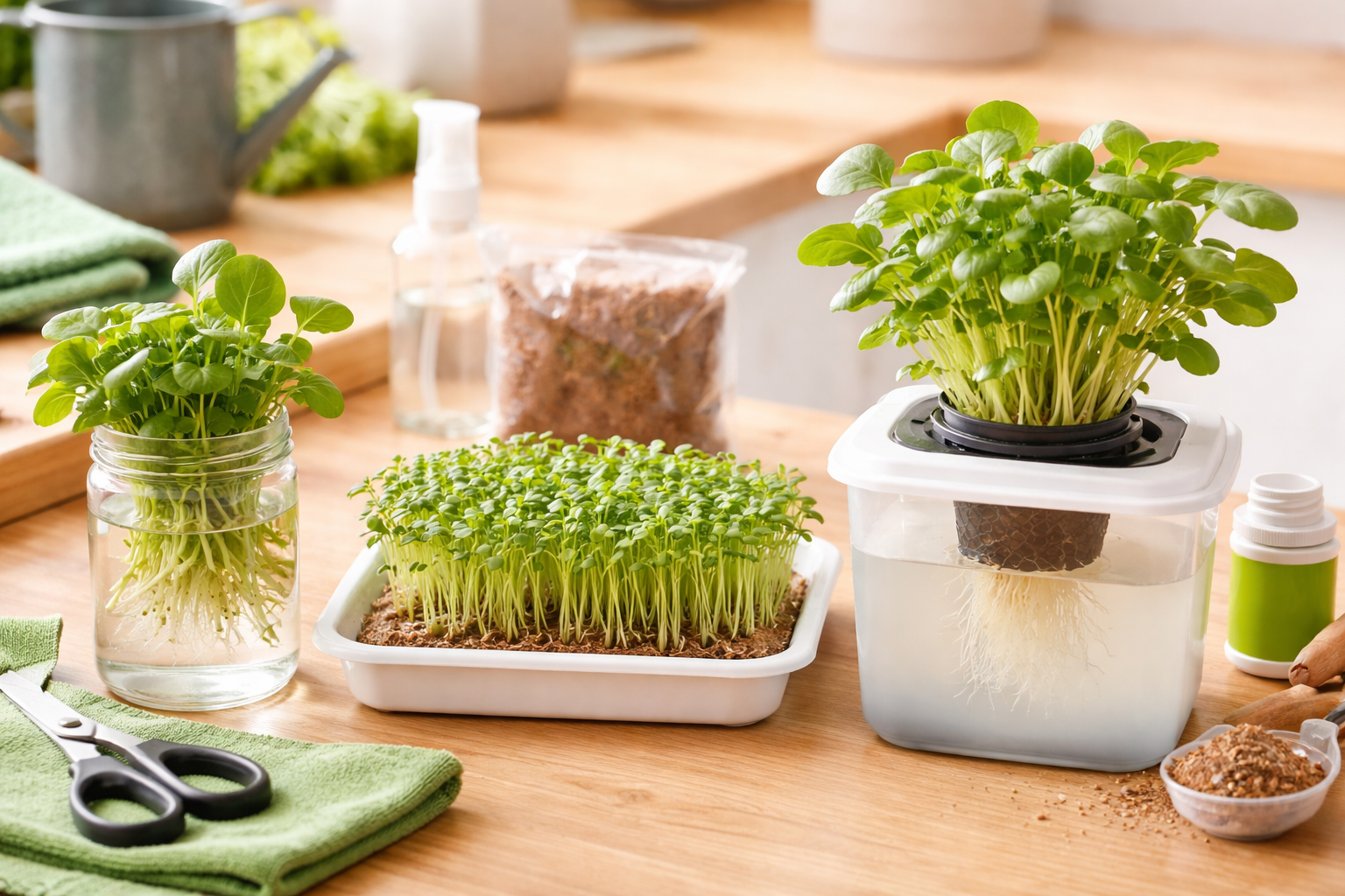 Simple indoor watercress hydroponic setup with opaque reservoir, net cup, and roots sitting above shallow water