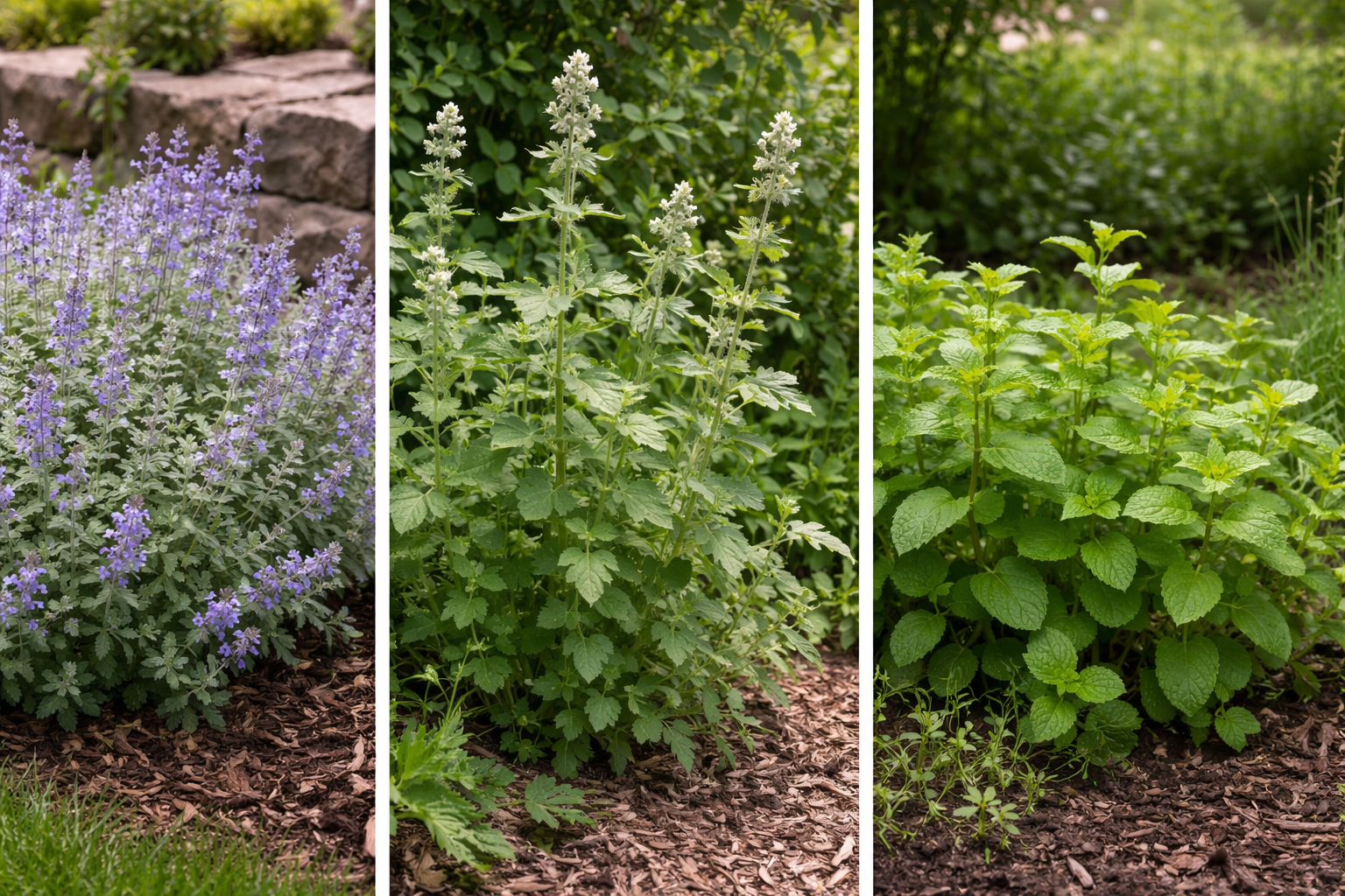 Side-by-side comparison of ornamental catmint, catnip, and mint plants in a garden