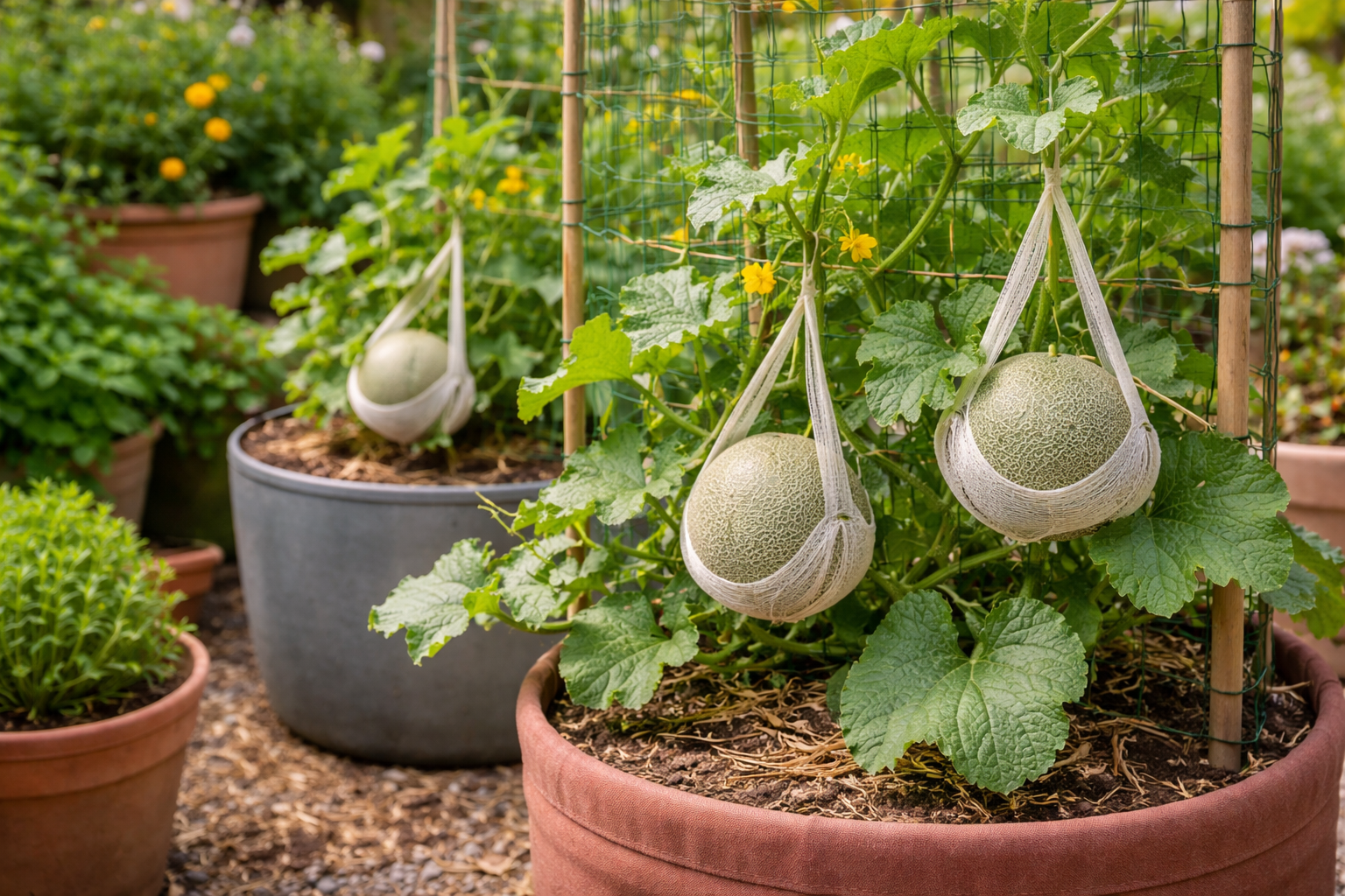 Cantaloupe vine growing in a large container on a trellis with supported fruit