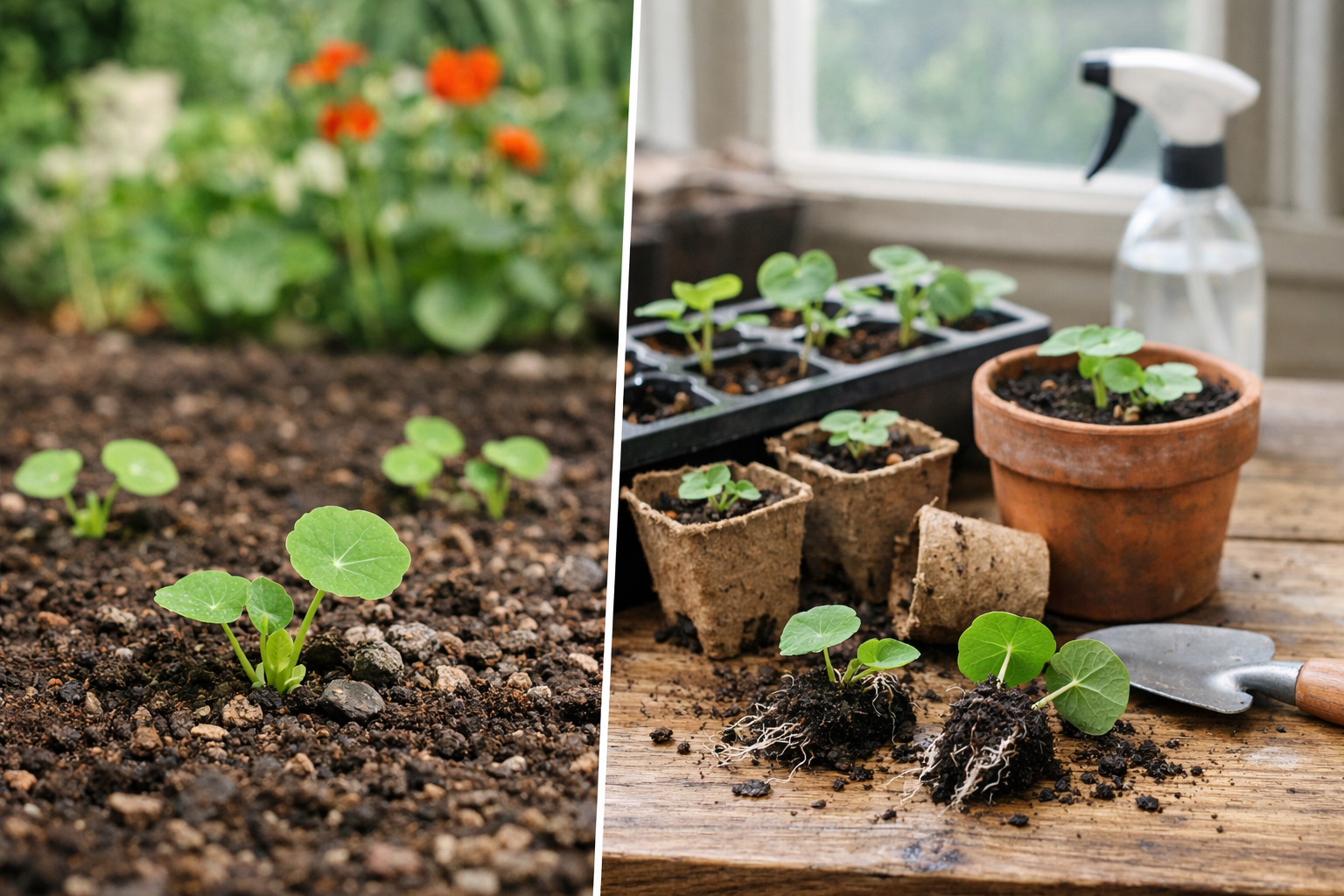 Side-by-side view of direct-sown nasturtiums outdoors and nasturtium seedlings started indoors in pots