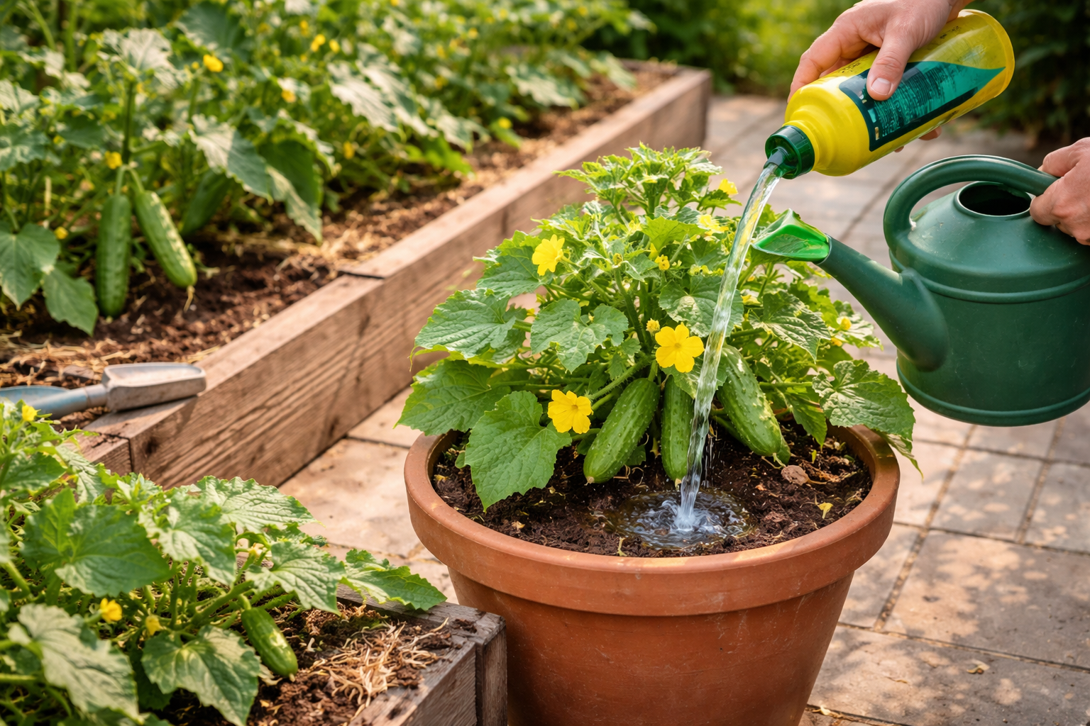 Cucumber plant in a patio pot beside cucumber plants growing in a garden bed