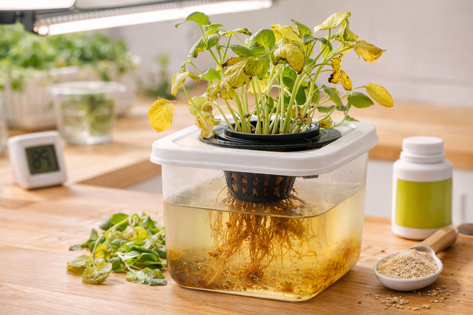 Comparison of healthy watercress next to yellow leaves, leggy stems, brown roots, and algae in a small water-growing setup