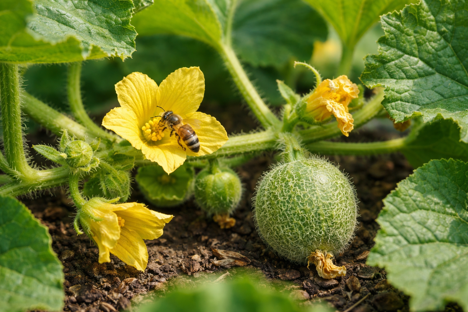 Close-up of cantaloupe flowers and a newly forming fruit on the vine