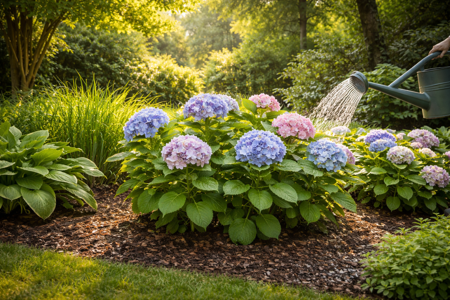 Hydrangeas planted in morning sun with mulch, moist soil, and proper spacing