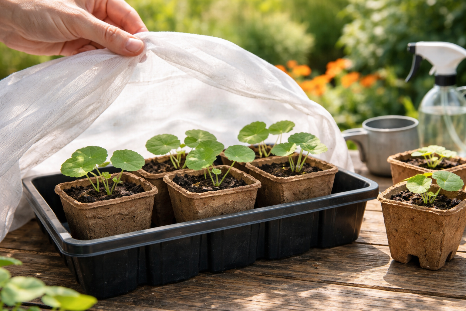 Young nasturtium seedlings hardening off outdoors in bright shade near a sheltered patio